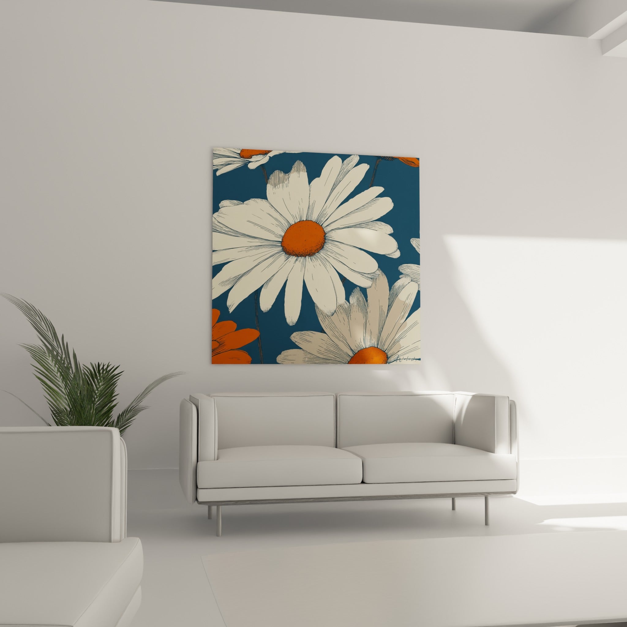 Fleurs de marguerite bleu marine et orange rayonnent au-dessus d'un canapé dans un salon lumineux