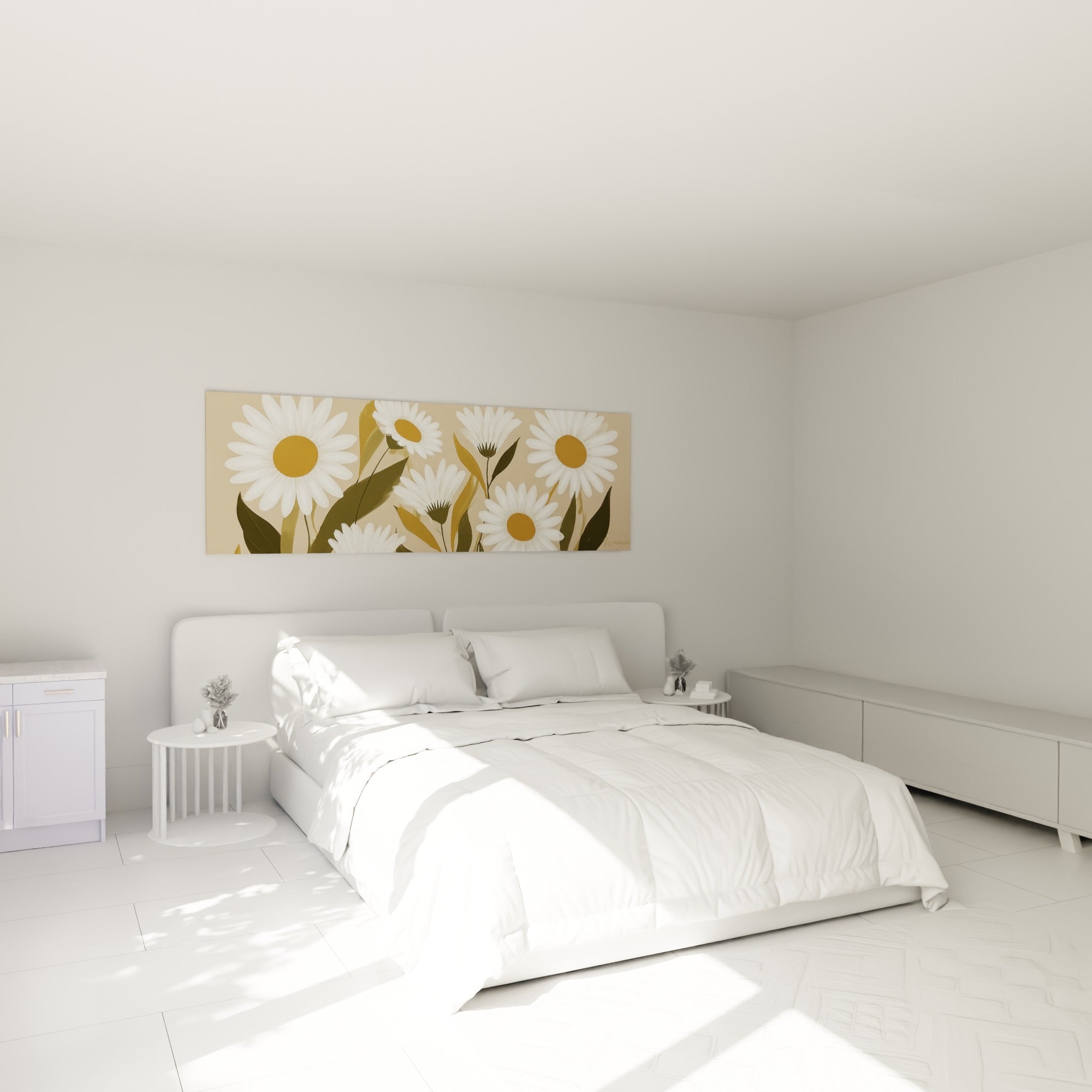 Bouquet de marguerites blanches et ocre au-dessus d'un lit dans une chambre claire