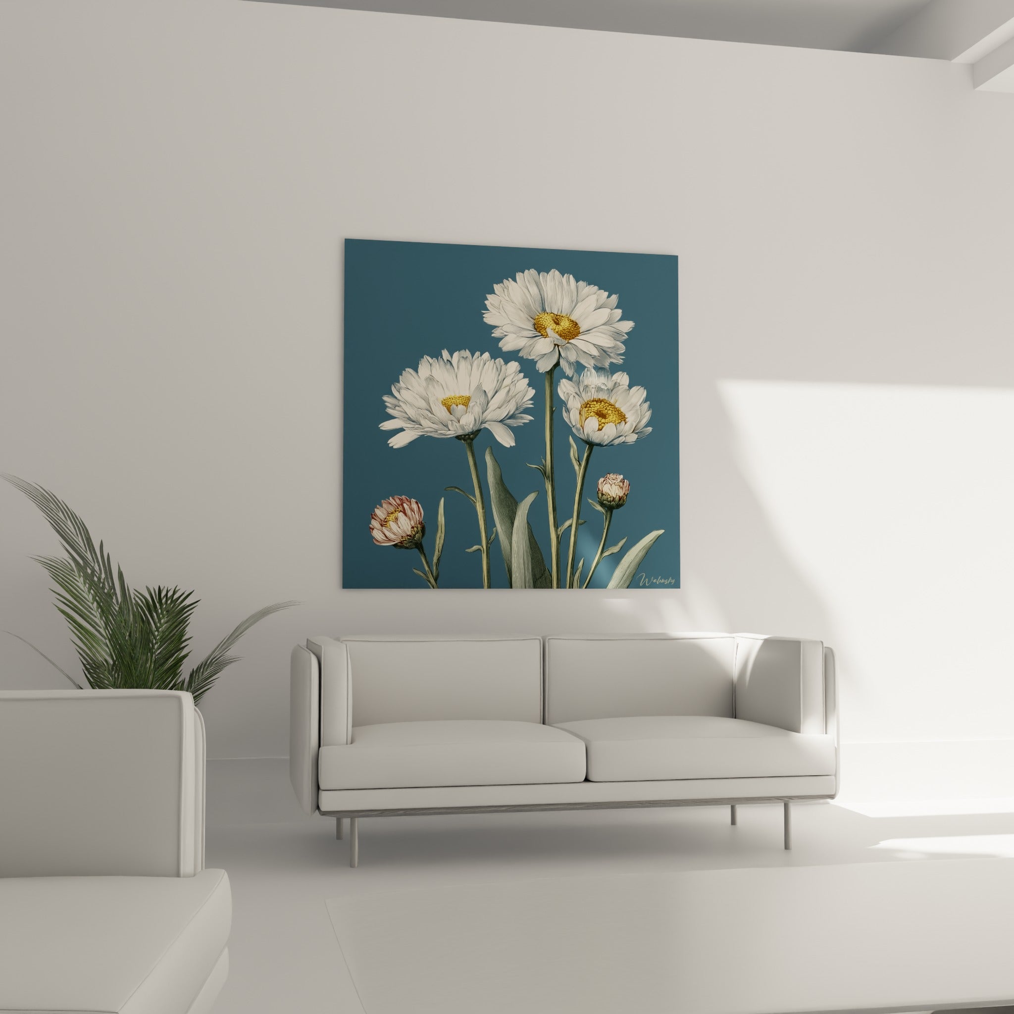 Bouquet de marguerites blanches sur bleu ardoise habille le mur au-dessus d'un canapé dans un salon lumineux