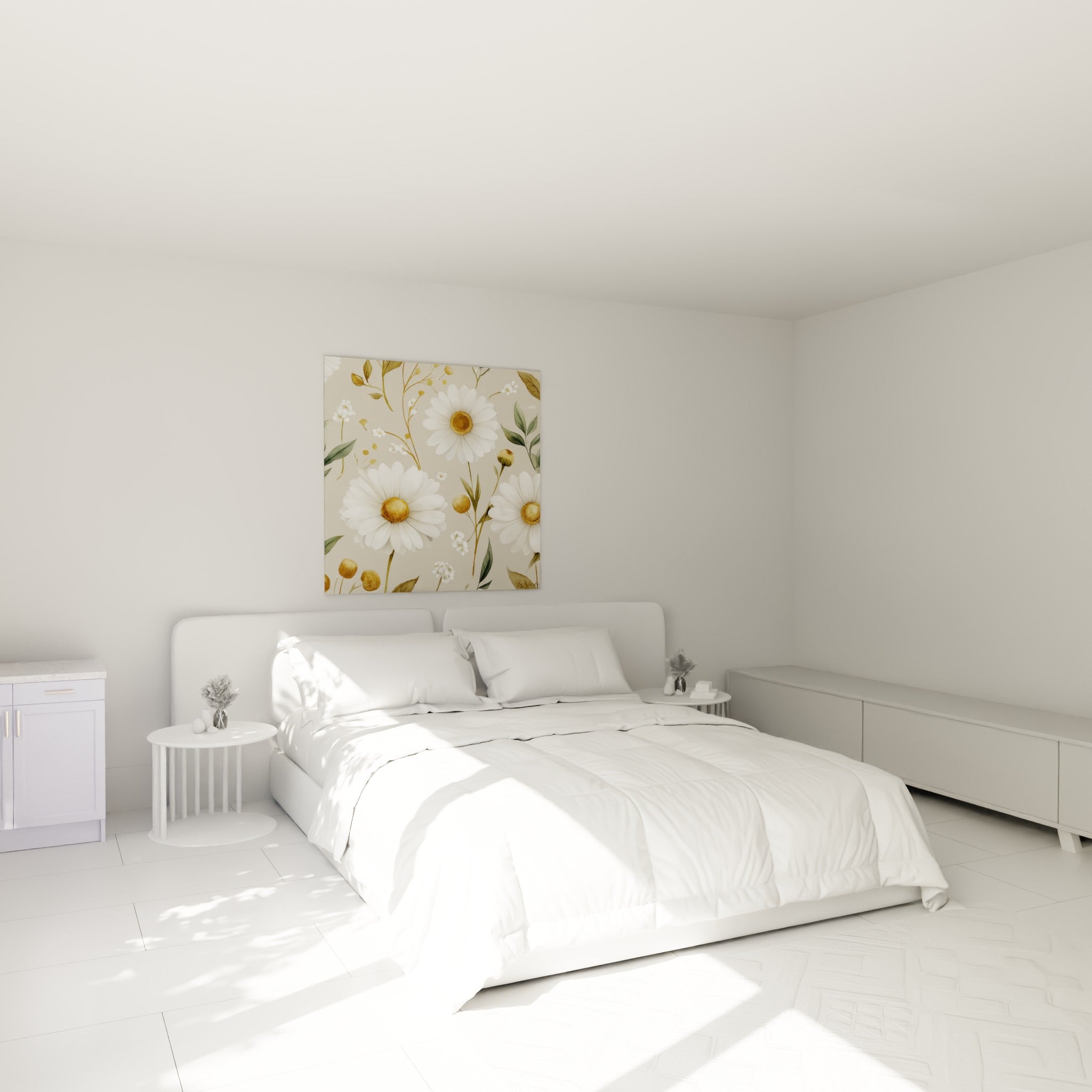 Bouquet de marguerites blanches et tiges vert sauge au-dessus d'un lit dans une chambre claire