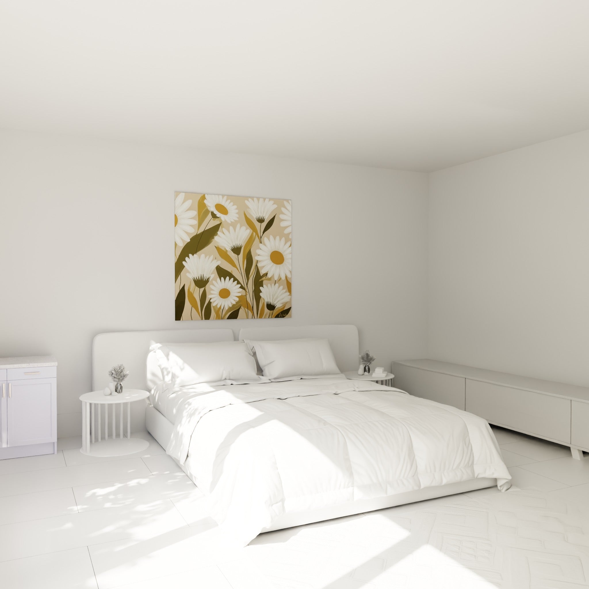 Marguerites blanches et tiges vertes composant un bouquet ocre au-dessus d'un lit dans une chambre claire
