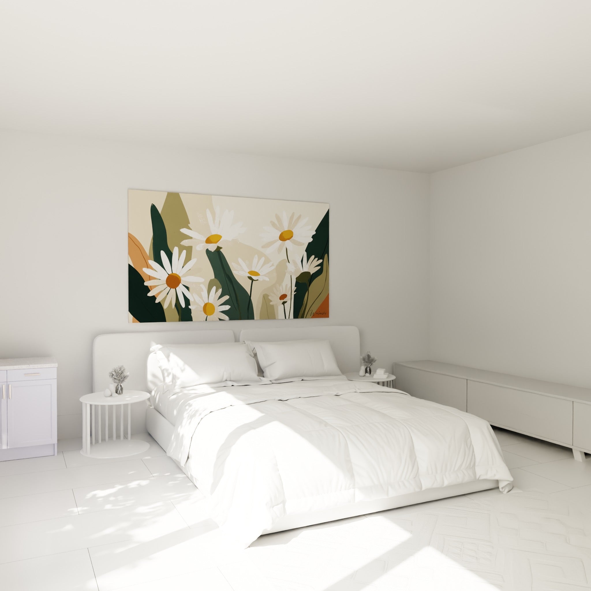 Bouquet de marguerites blanches et vert sauge au-dessus d'un lit dans une chambre claire