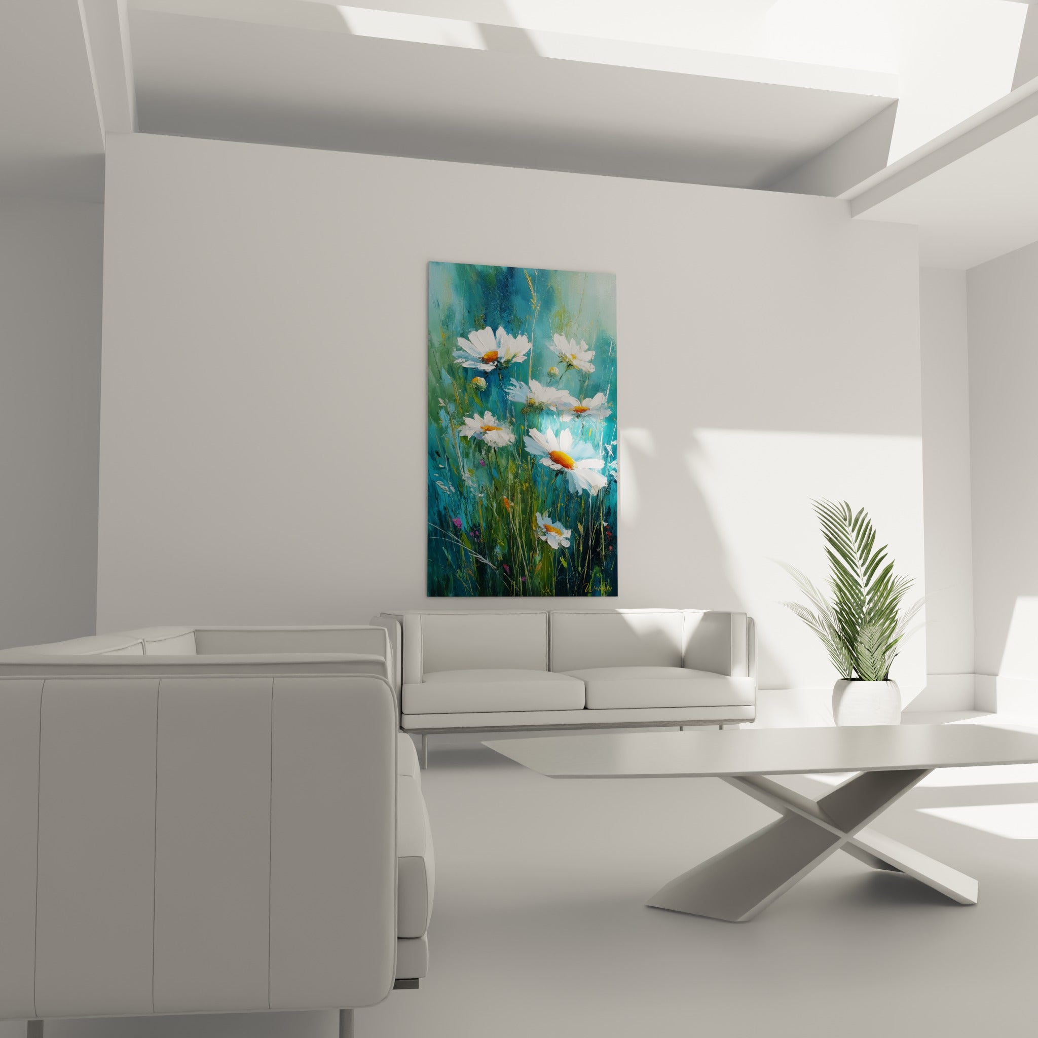 Fleurs de marguerite blanches sur fond bleu-vert intense au-dessus d'un canapé dans un salon lumineux