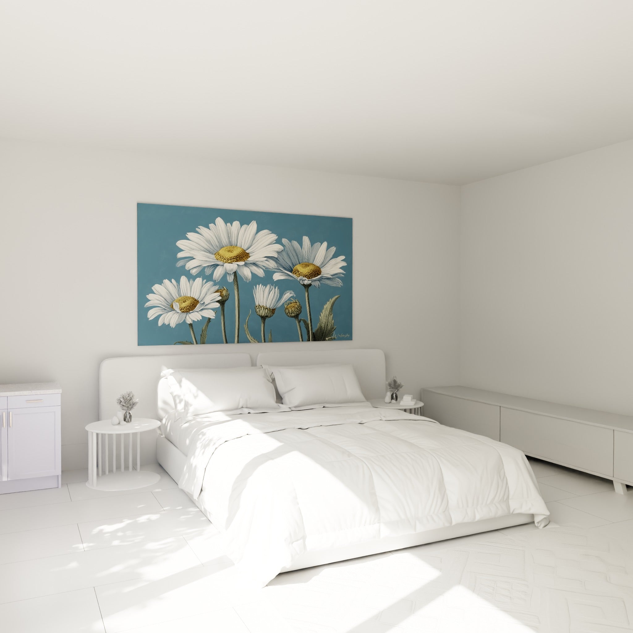 Bourgeons et fleurs de marguerite blanche sur bleu ardoise, accrochés au-dessus d'un lit dans une chambre claire