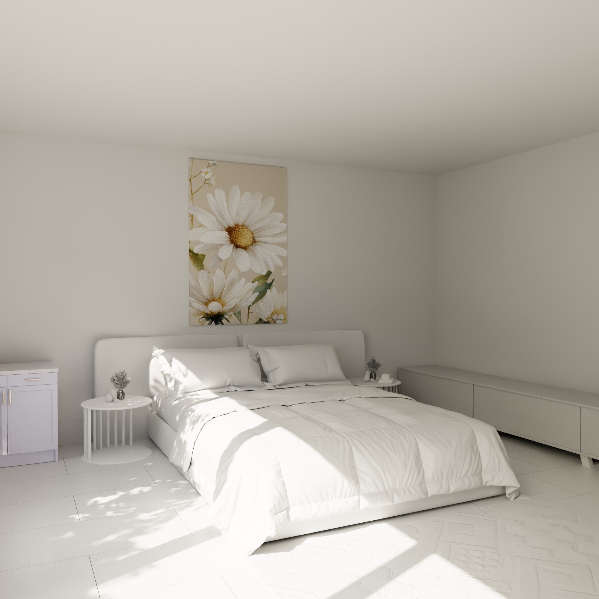 Marguerites blanches et dorées composées avec finesse, accrochées au-dessus d'un lit dans une chambre claire