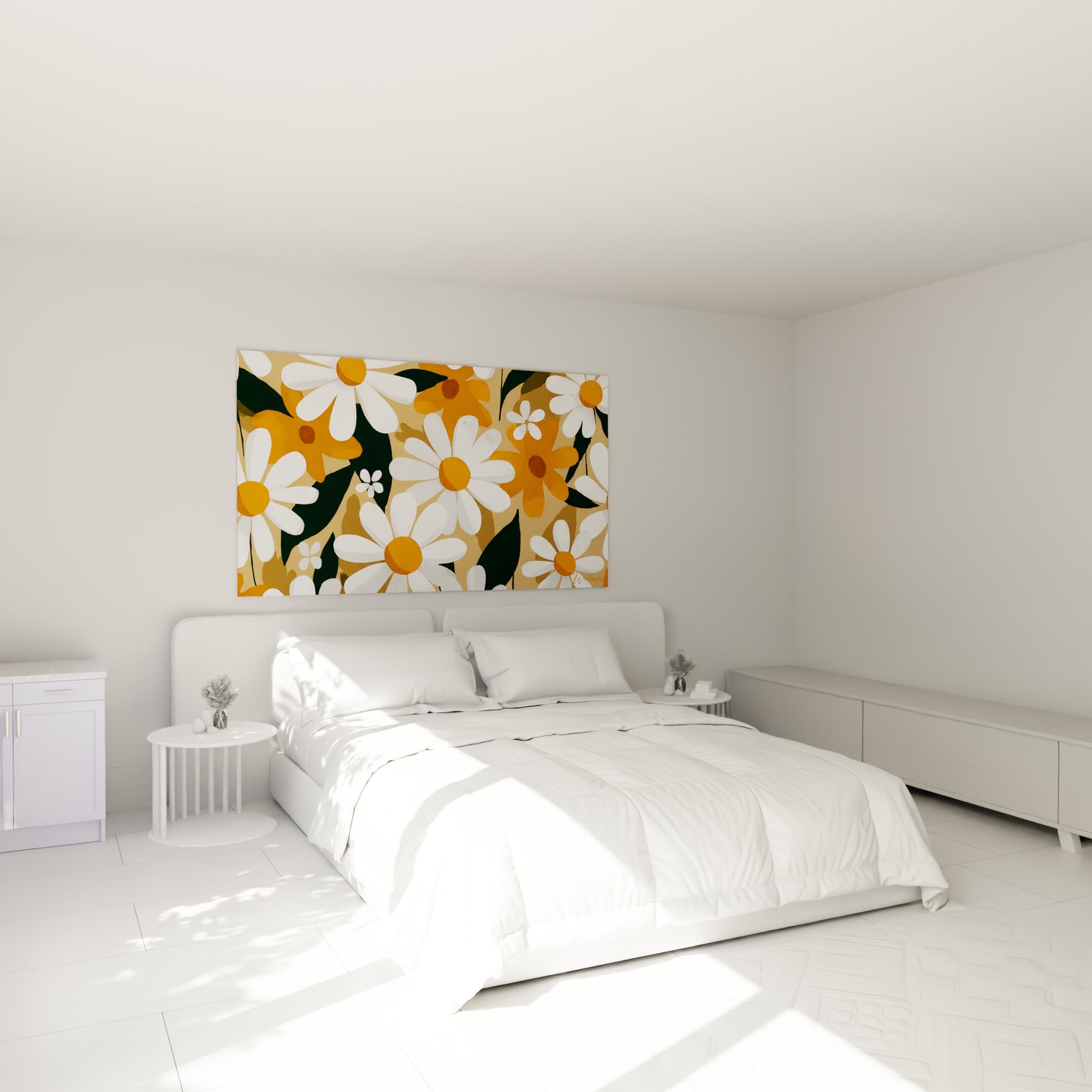 Fleurs blanches et orangées illustrées au-dessus d'un lit dans une chambre claire