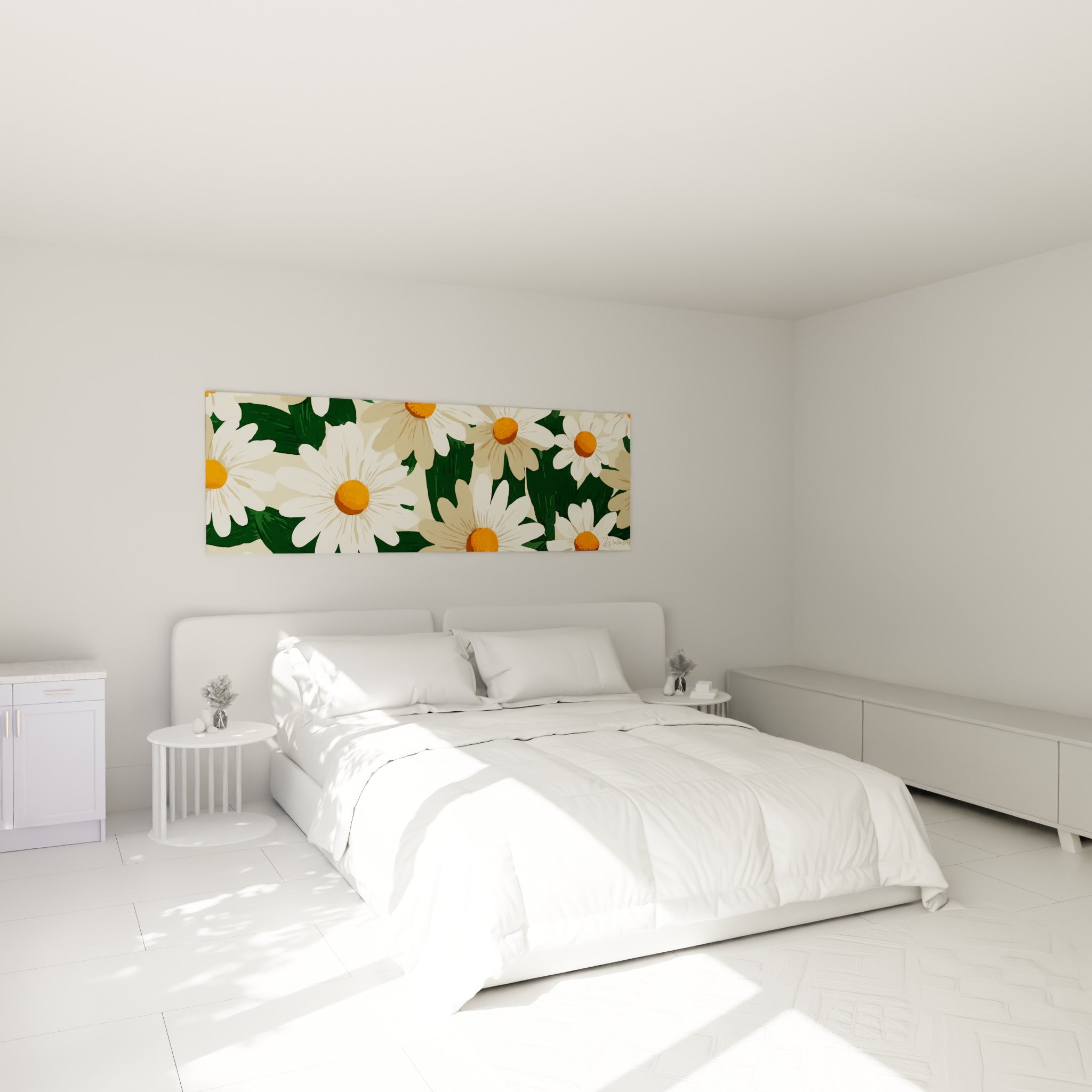 Fleurs de marguerite ivoire et orange vif accrochées au-dessus d'un lit dans une chambre claire