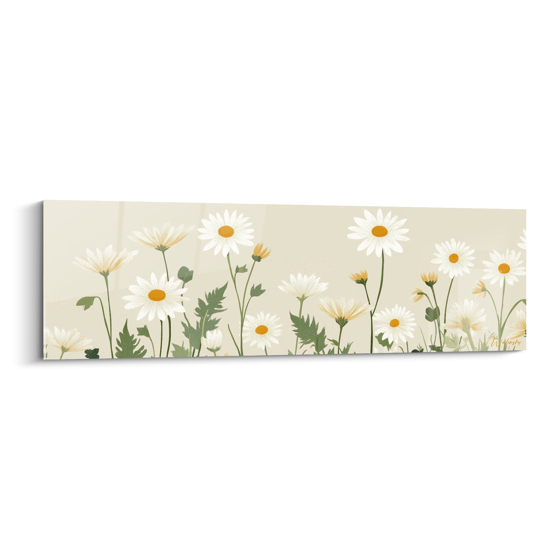 Marguerites blanches aux cœurs orangés sur fond ivoire, feuillage vert sauge en composition allongée