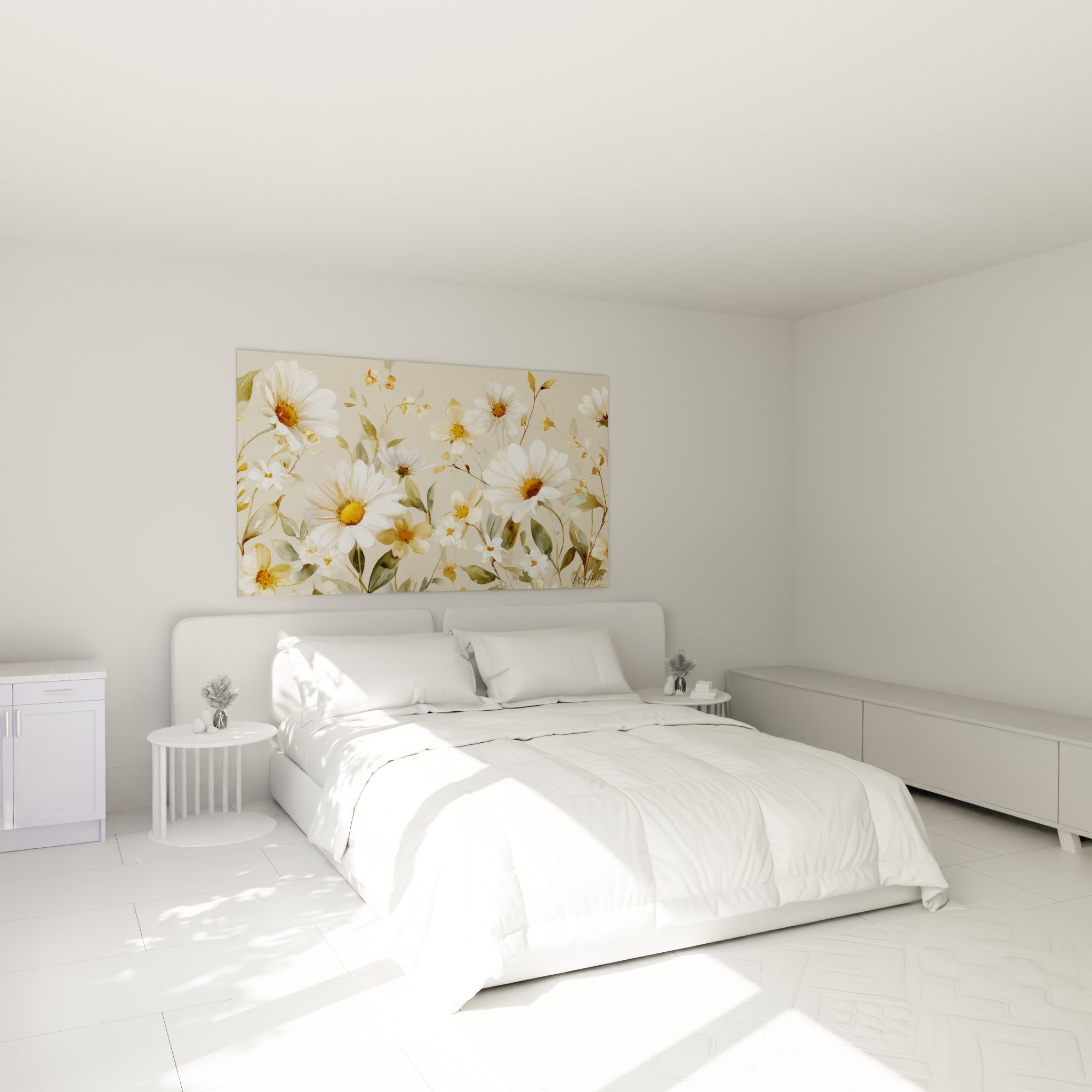 Bouquet de marguerites blanches et ocre au-dessus d'un lit dans une chambre claire
