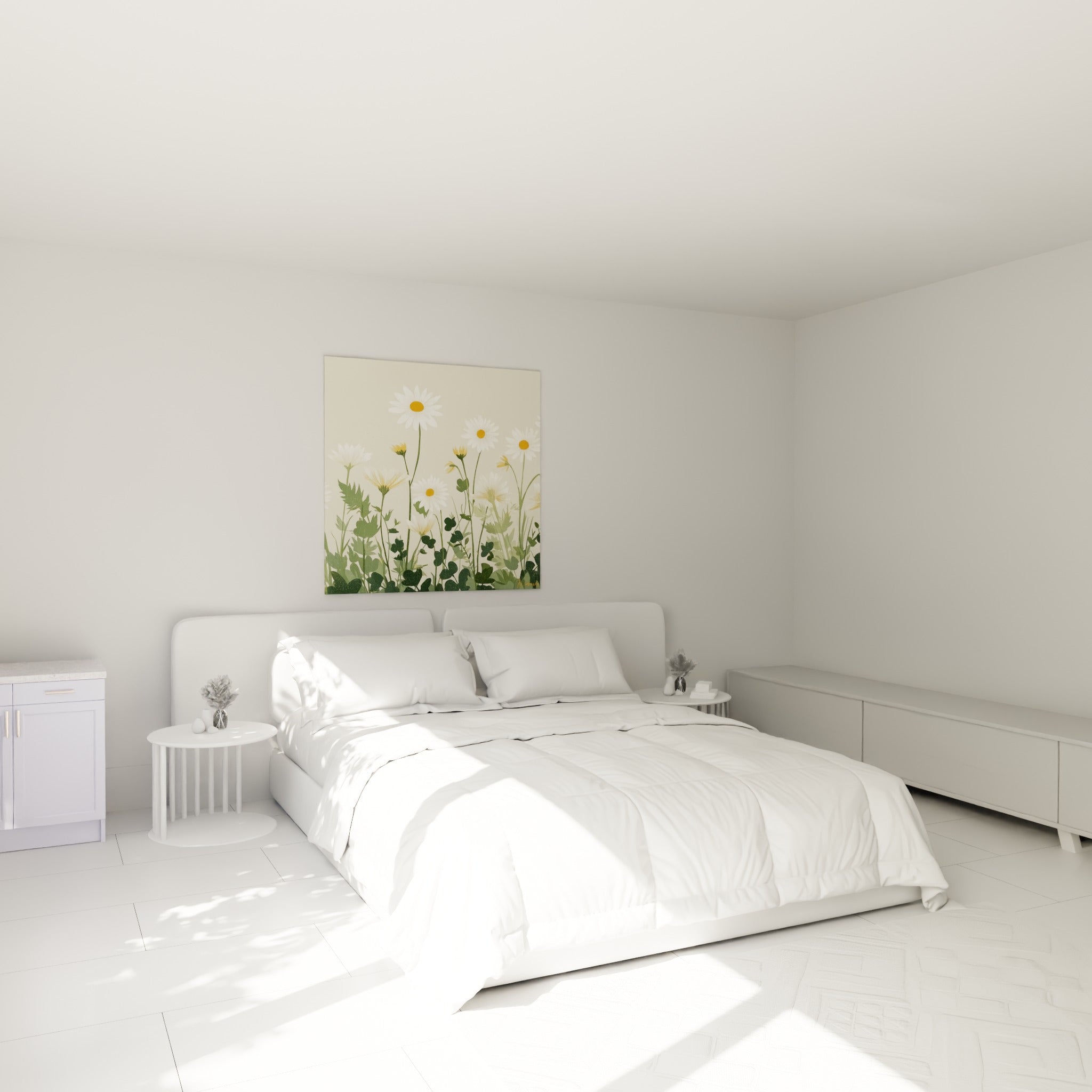 Fleurs de marguerite blanches et vertes illustrées au-dessus d'un lit dans une chambre claire