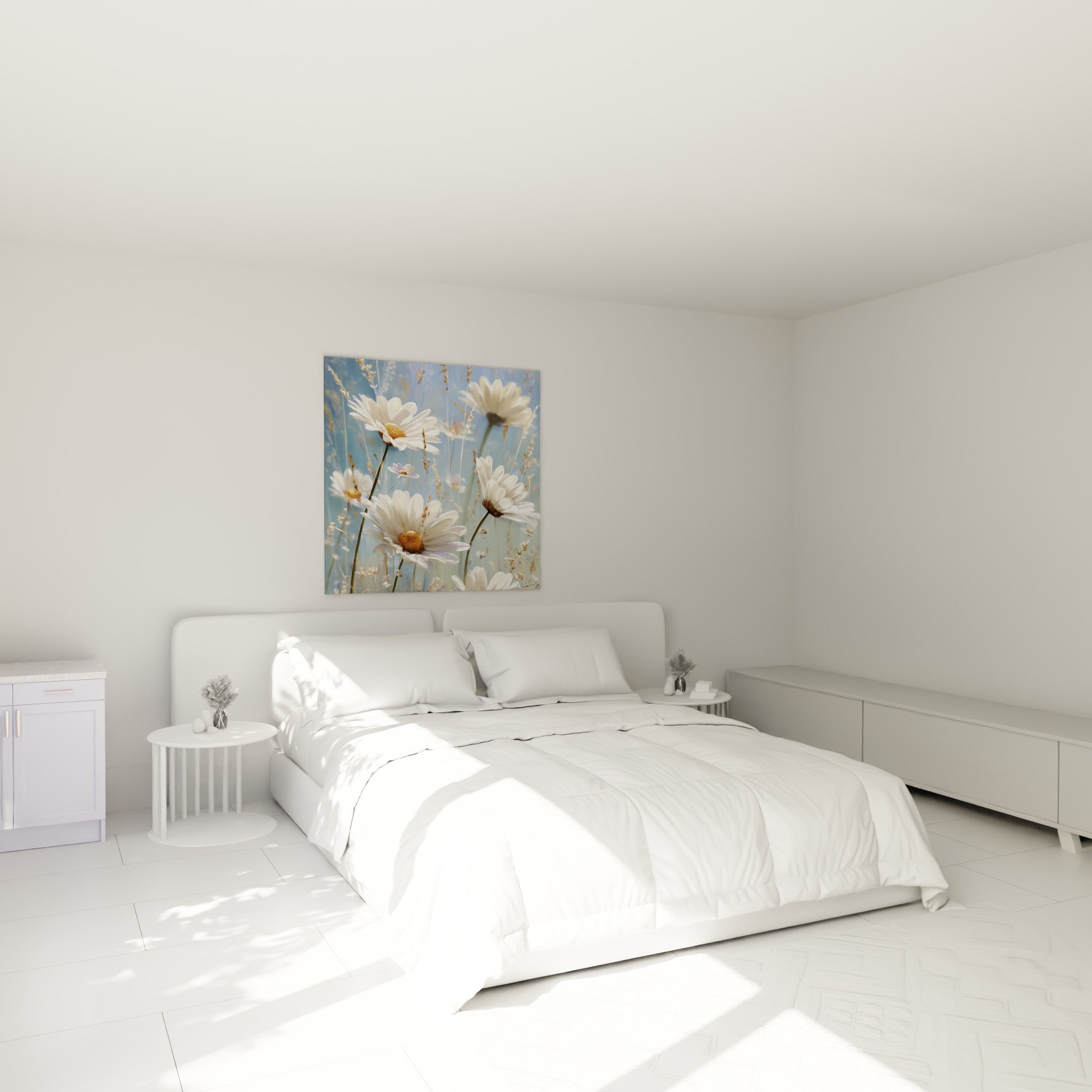 Marguerites blanches et dorées composent une scène florale douce au-dessus d'un lit dans une chambre claire