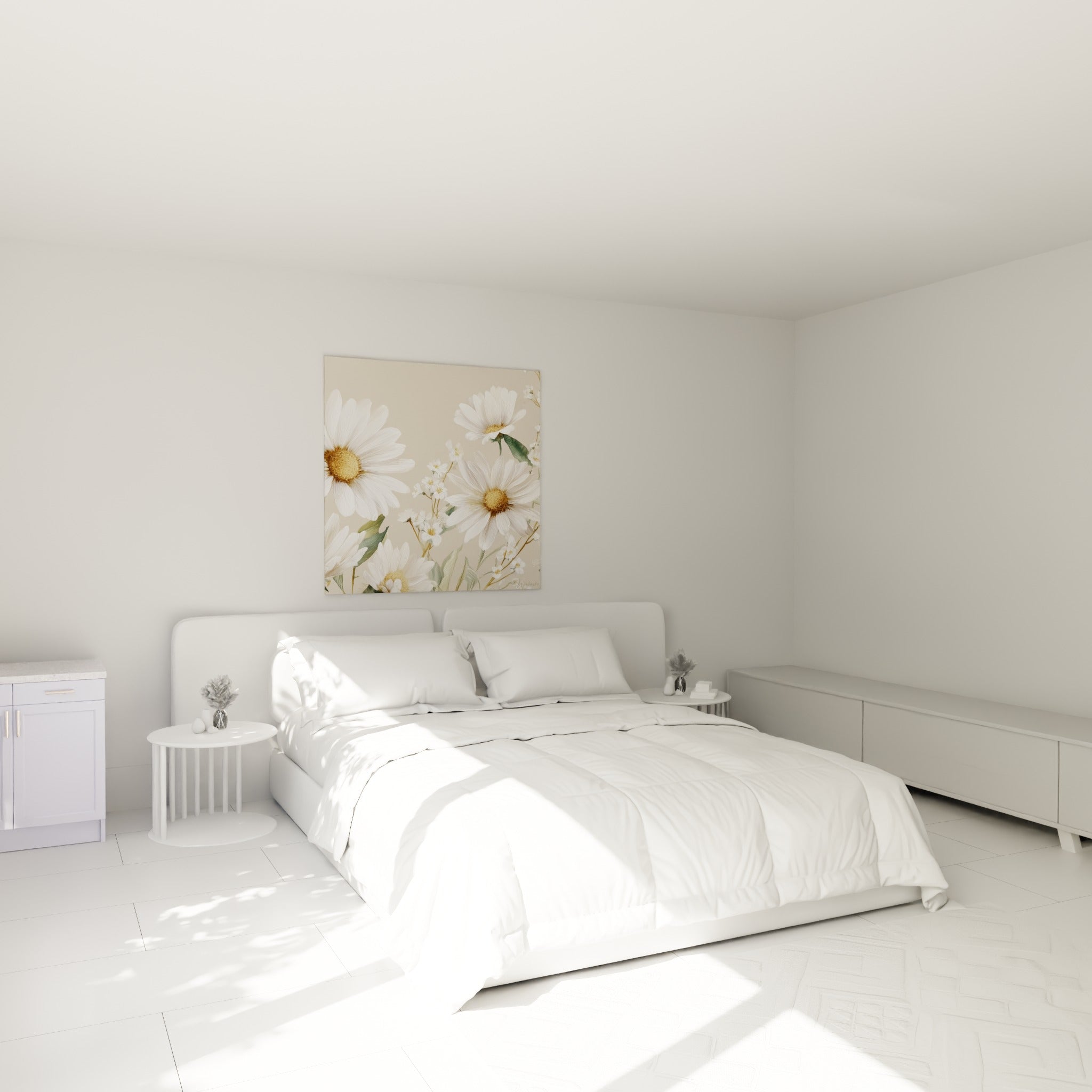 Marguerites blanches et pétales dorés au-dessus d'un lit dans une chambre claire