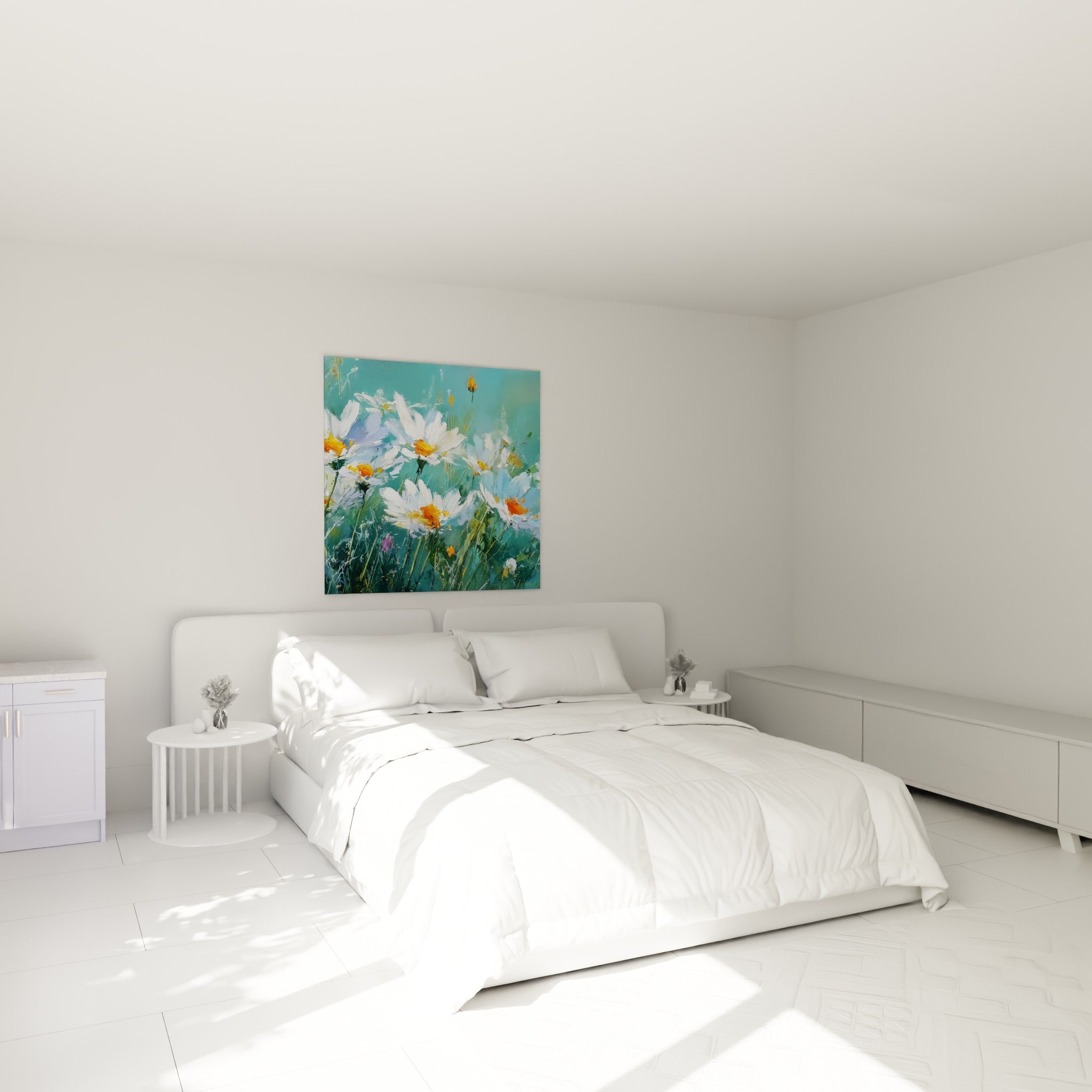 Bouquet de marguerites blanches et orangées peint sur toile, au-dessus d'un lit dans une chambre claire