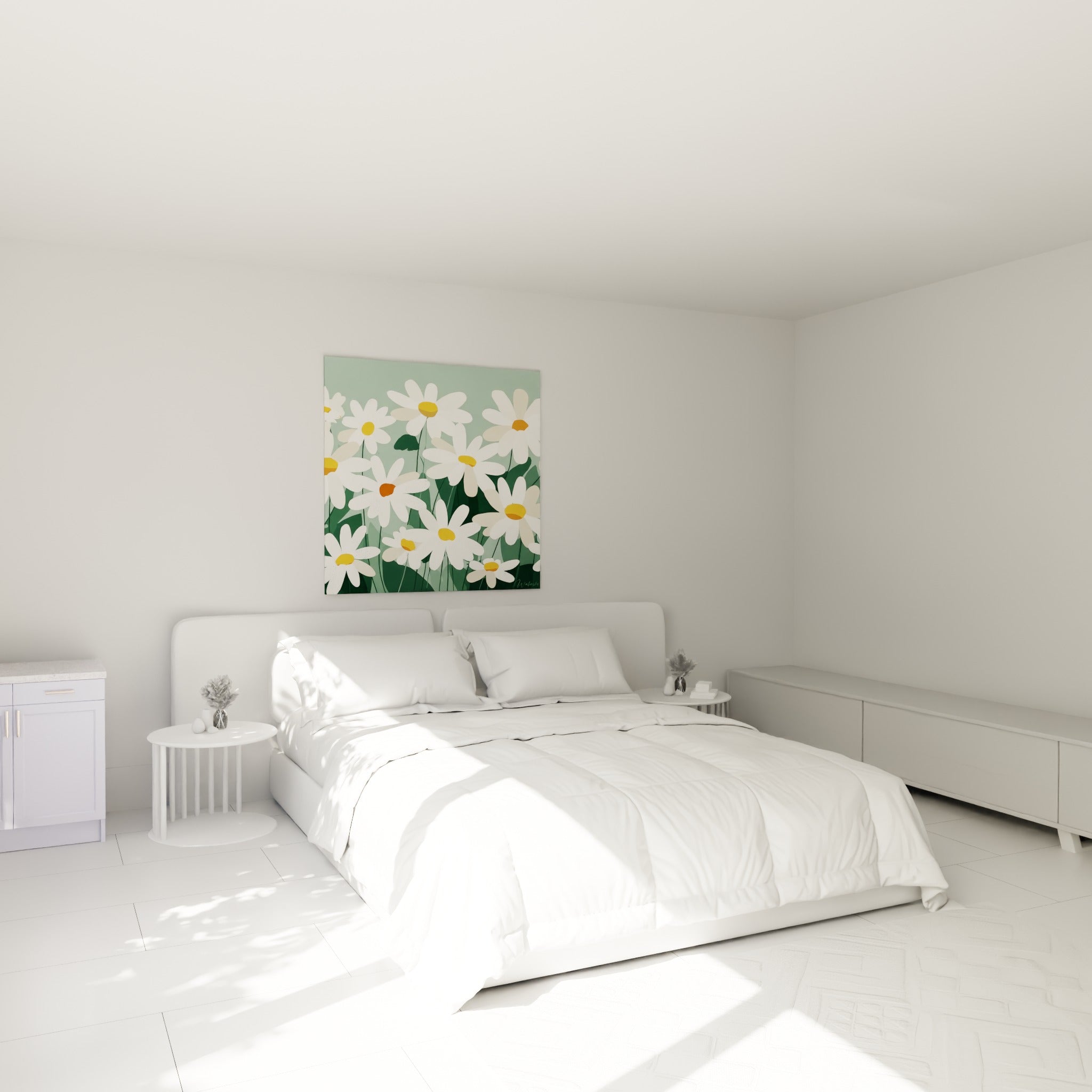 Bouquet de marguerites blanches et vert émeraude au-dessus d'un lit dans une chambre claire