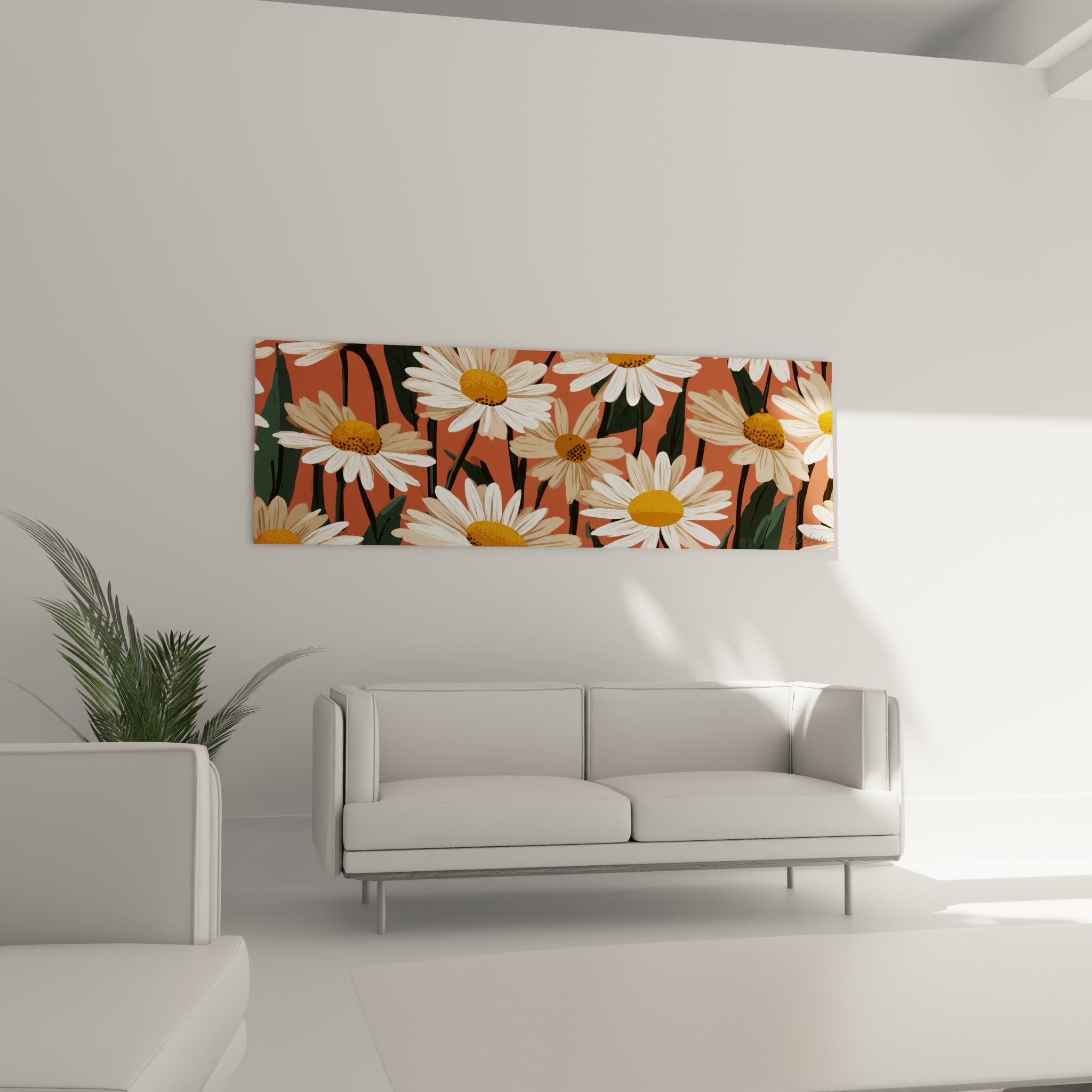 Pétales blancs et tiges vert foncé de marguerites terracotta, au-dessus d'un canapé dans un salon lumineux