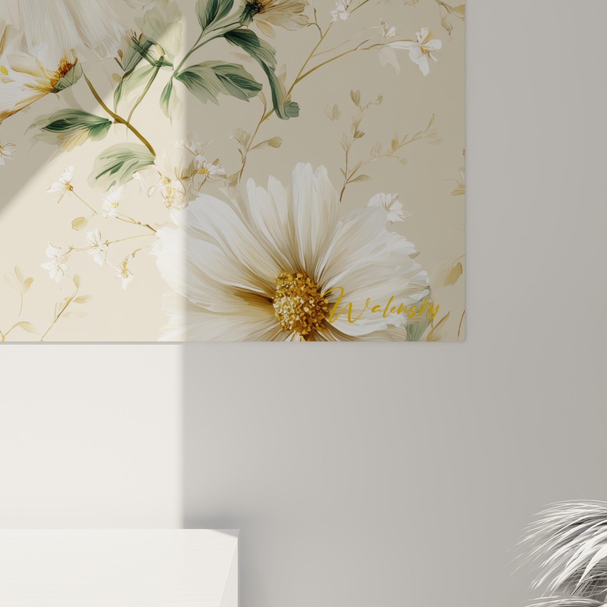Grain aquarelle visible sur les pétales blancs et le cœur doré granuleux d'une marguerite en gros plan