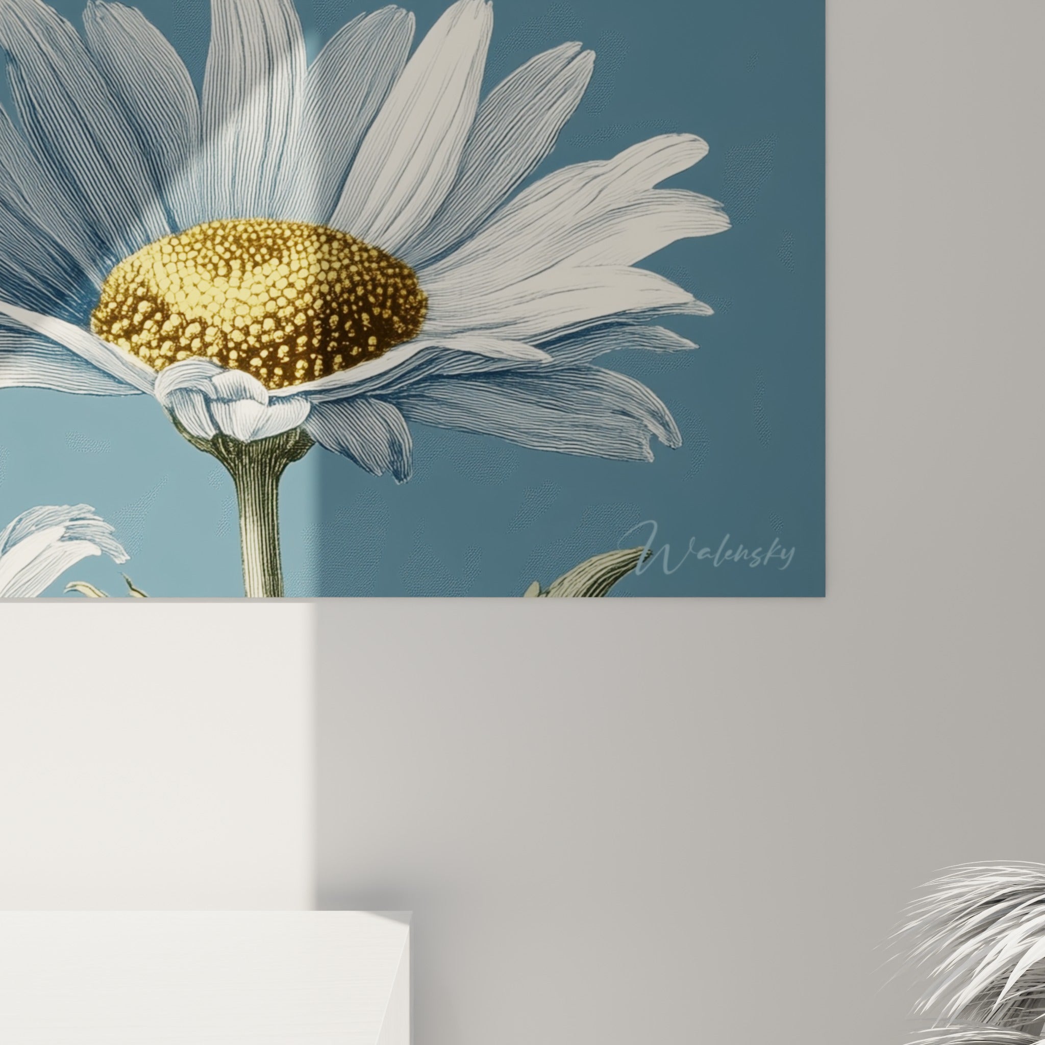 Empâtements fins révèlent les nervures blanches et le grain doré des cœurs de marguerite en gros plan