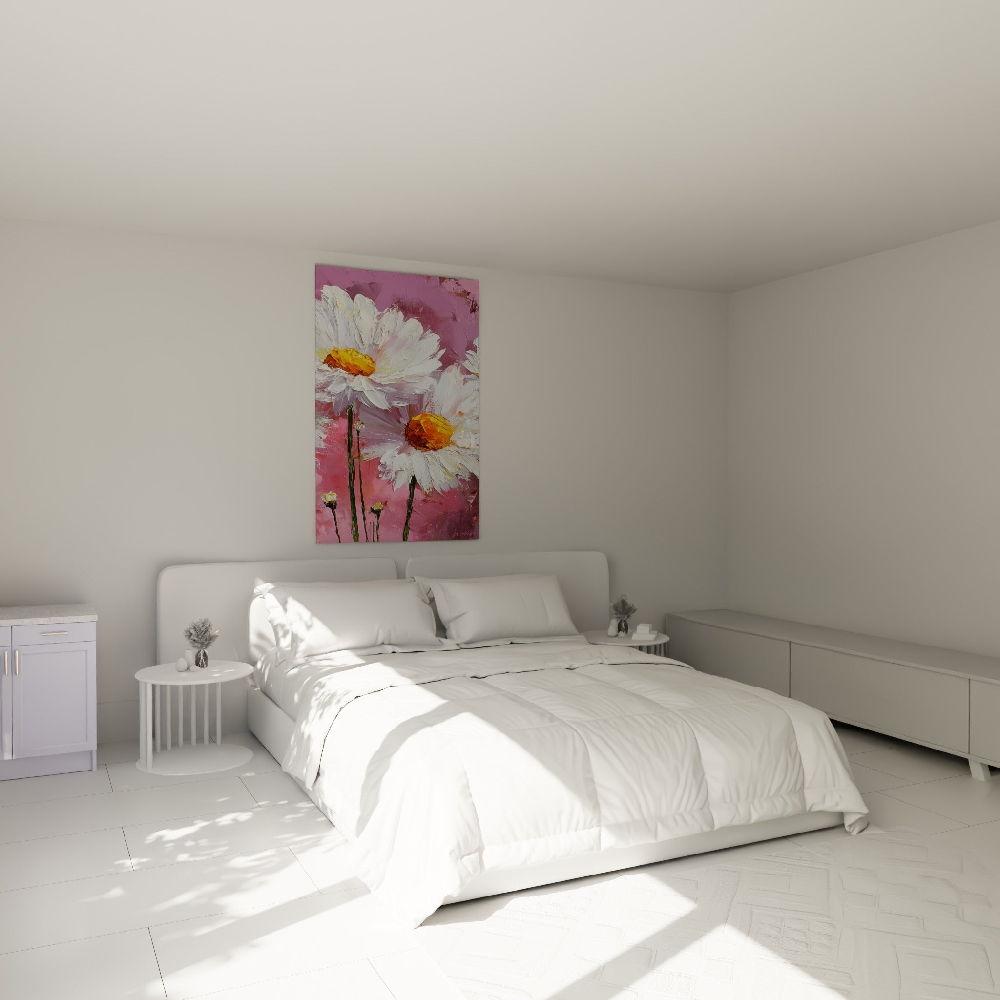 Fleurs de marguerite blanches et roses accrochées au-dessus d'un lit dans une chambre claire