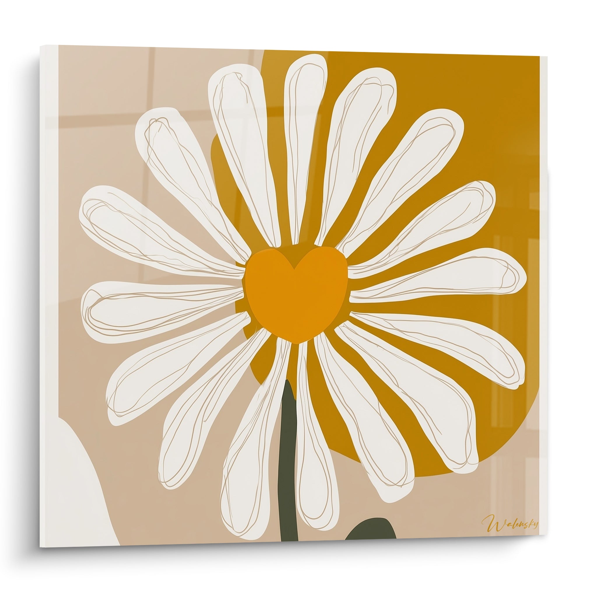 Marguerite blanche aux pétales esquissés et cœur orangé sur fond ocre et beige