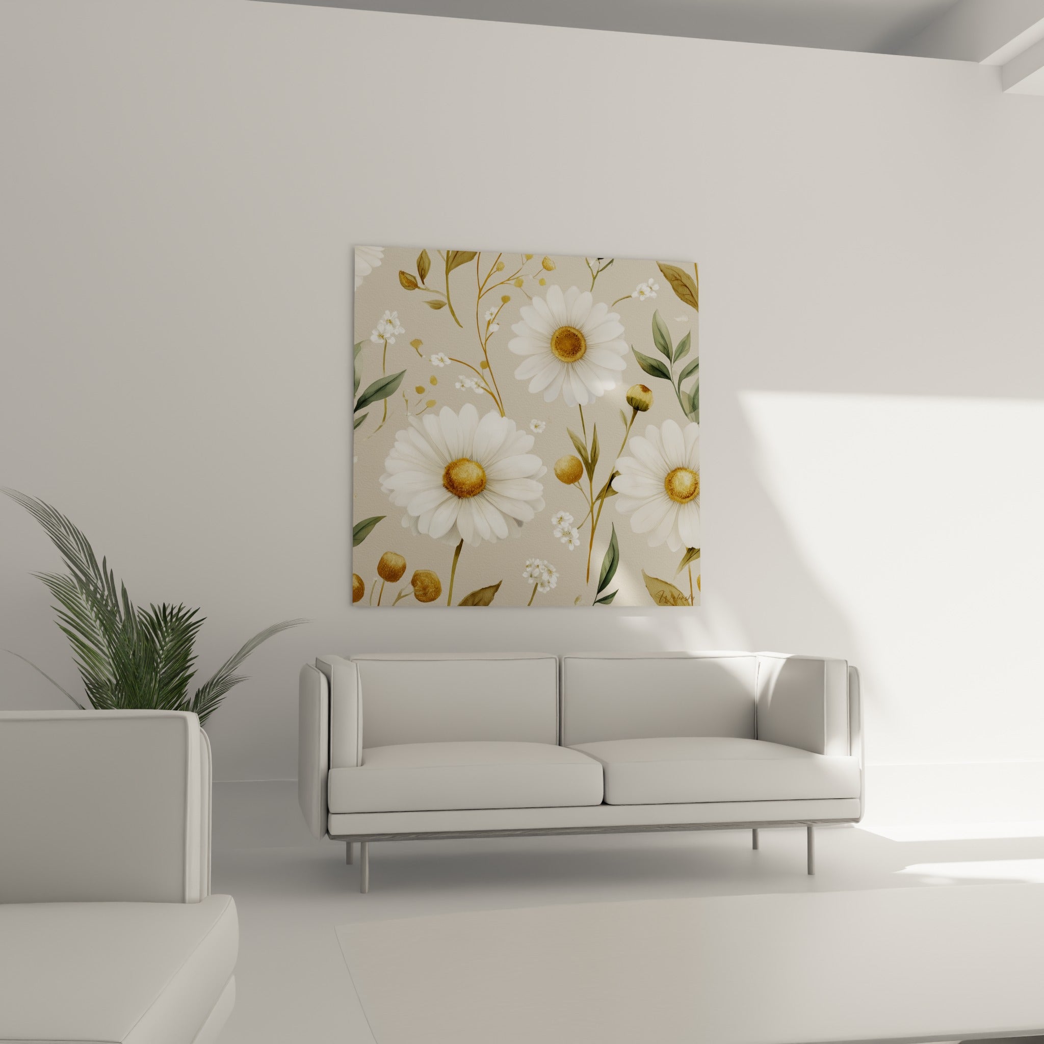Fleurs de marguerite dorées et blanches disposées au-dessus d'un canapé dans un salon lumineux