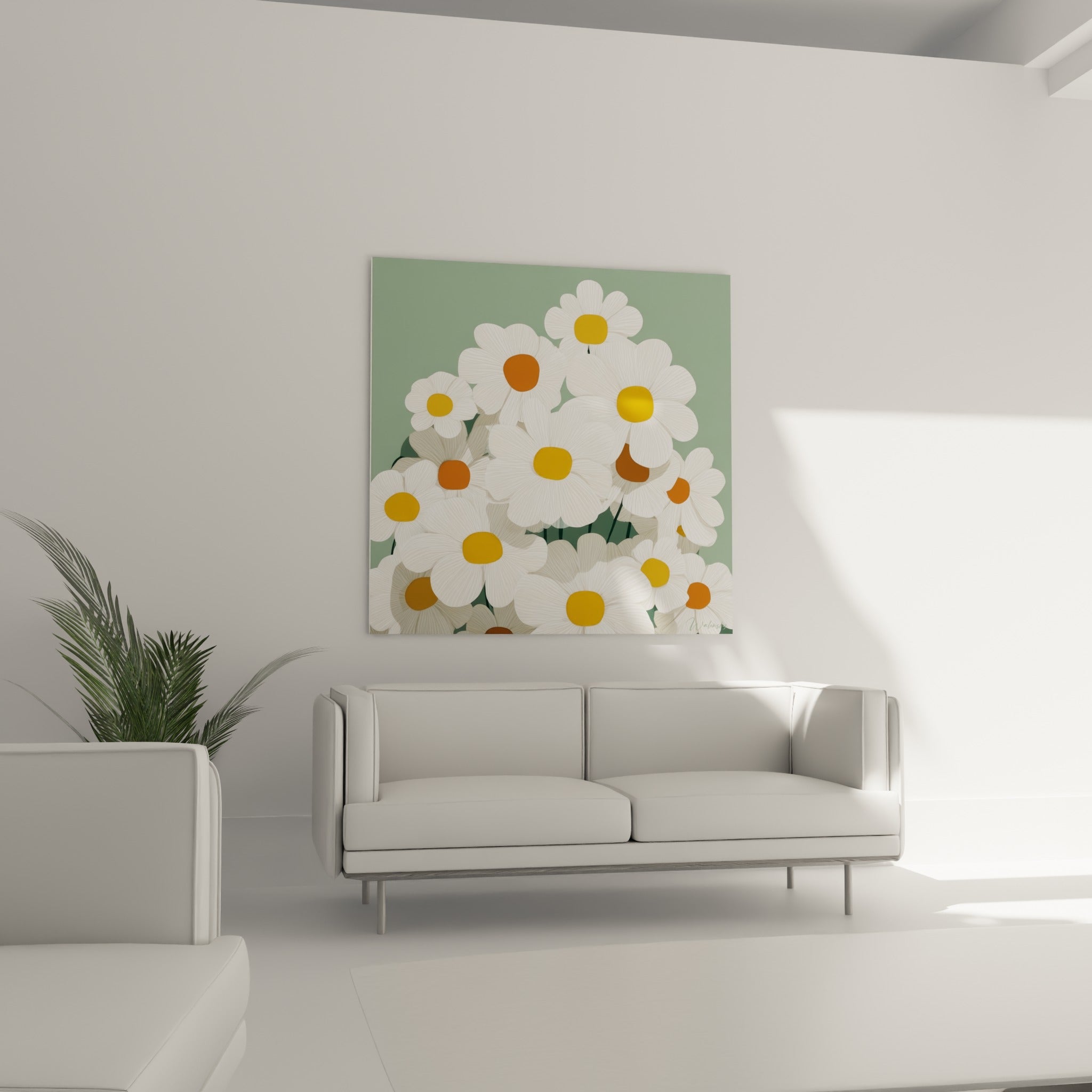 Fleurs de marguerite blanches à cœurs orangés placées au-dessus d'un canapé dans un salon lumineux