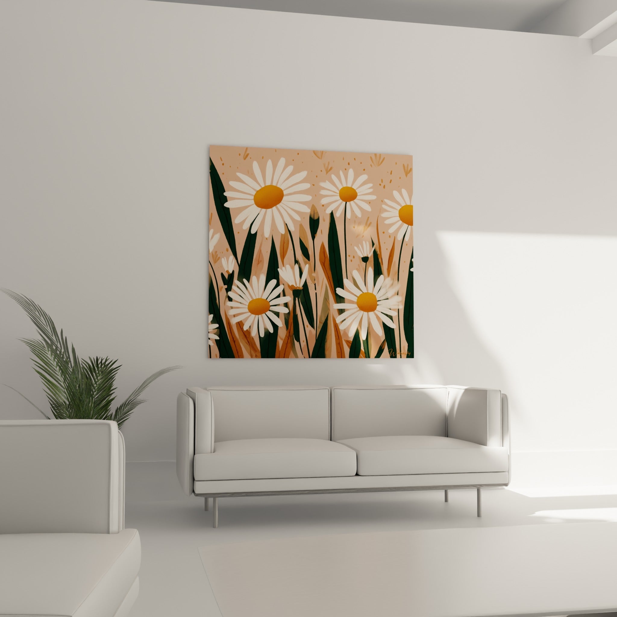 Bouquet de marguerites orangées et blanches sur fond rosé, disposé au-dessus d'un canapé dans un salon lumineux