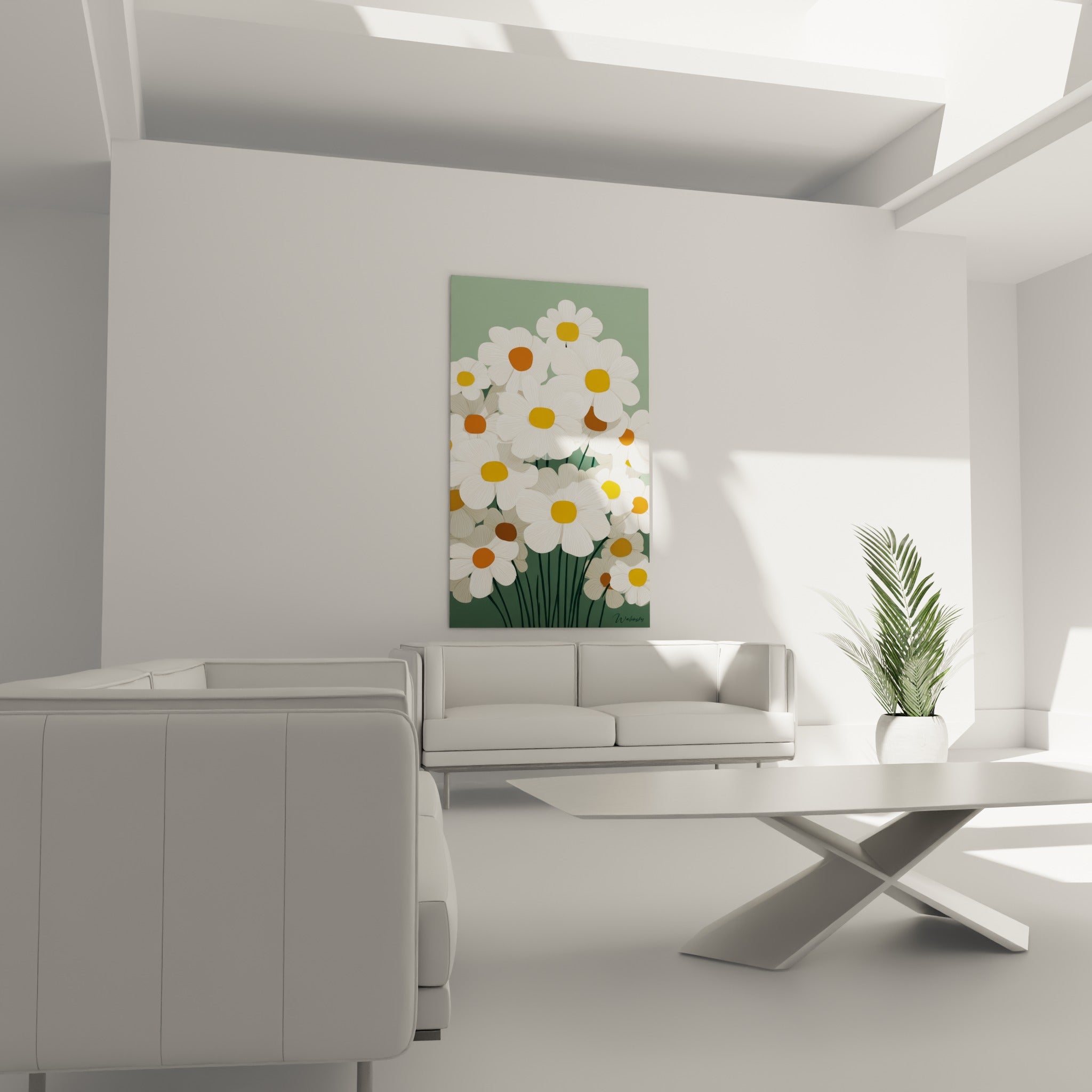 Fleurs de marguerite blanches et ocre au-dessus d'un canapé dans un salon lumineux