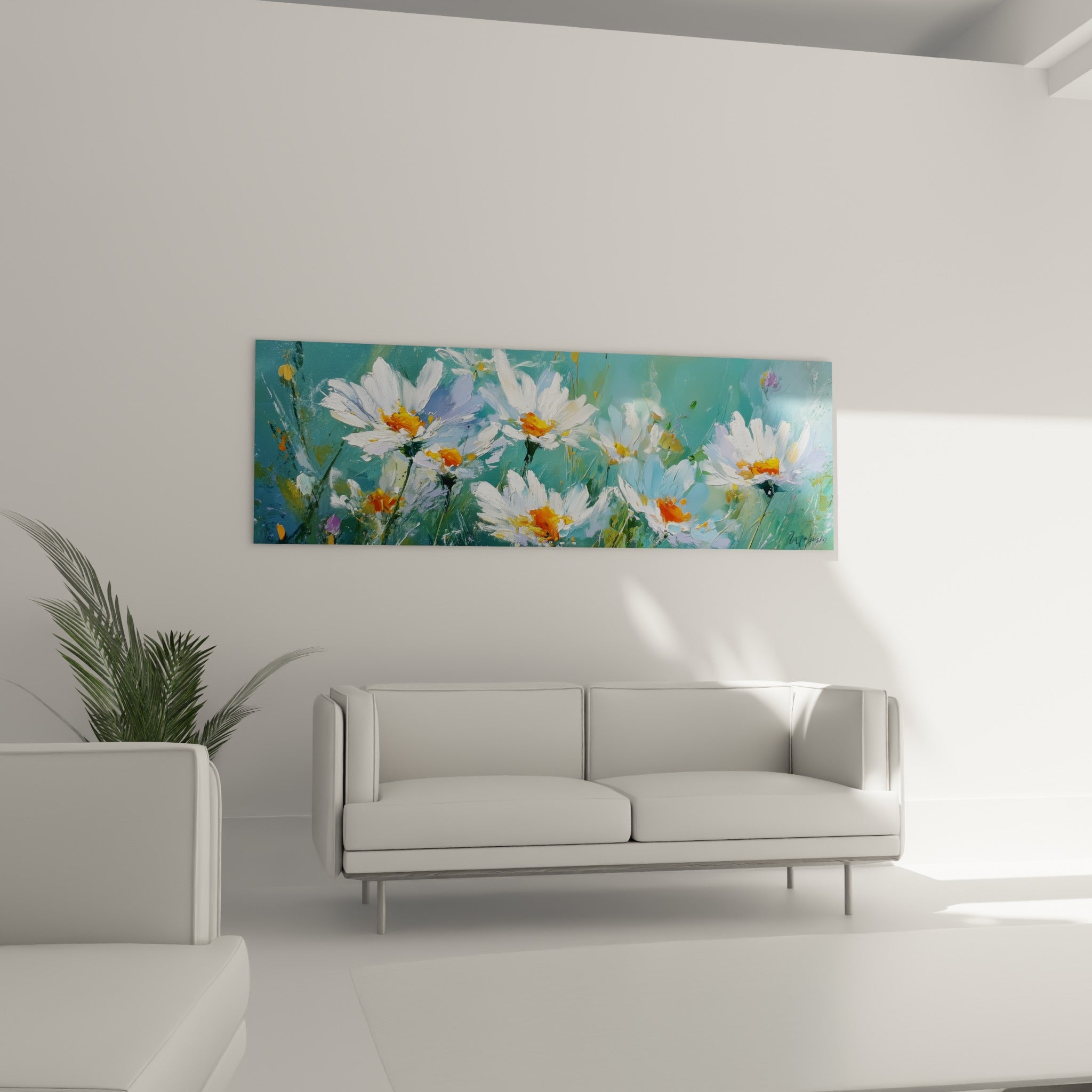 Bouquet de marguerites blanches sur fond bleu-vert accroché au-dessus d'un canapé dans un salon lumineux