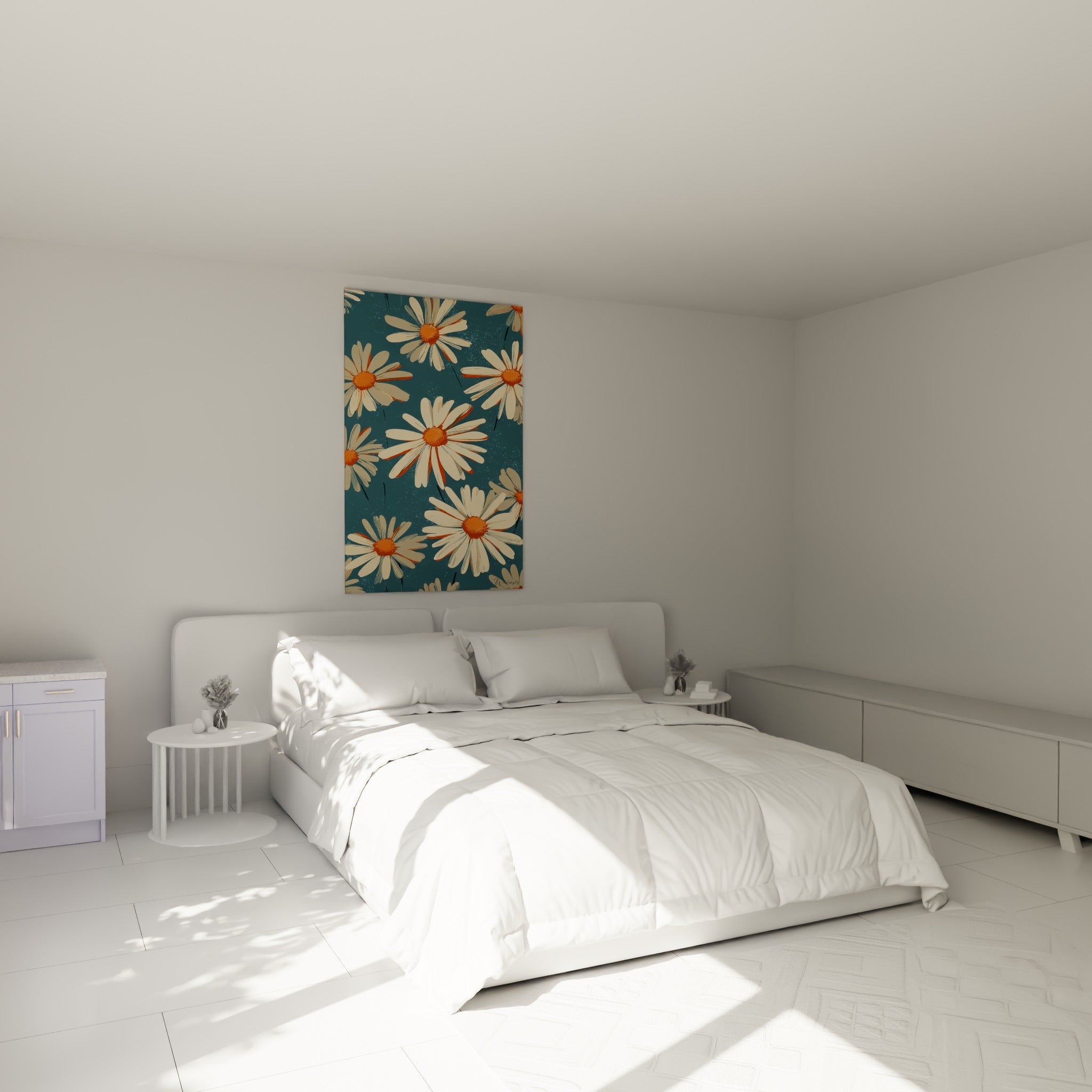 Fleurs de marguerite crème et orange vif accrochées au-dessus d'un lit dans une chambre claire