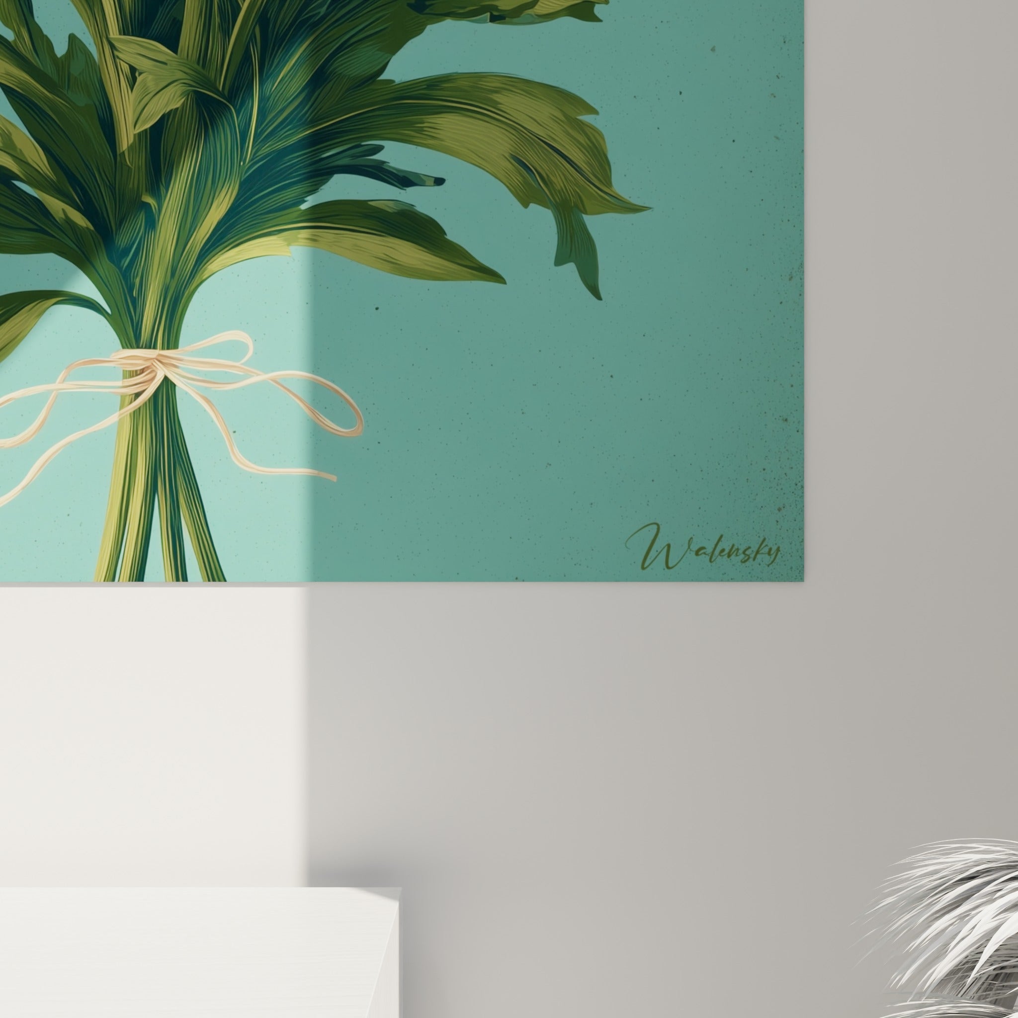 Détail des pétales blancs finement striés et du ruban doré noué sur le tableau marguerite turquoise