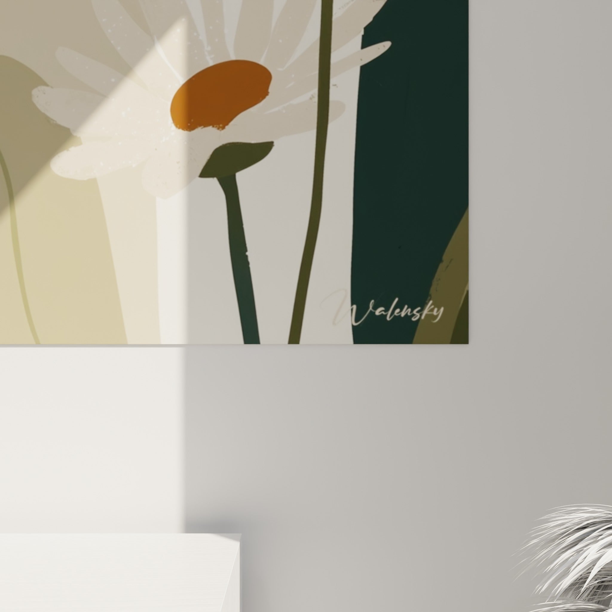 Détail des pétales texturés blancs et du cœur orangé de la marguerite, grain et matière de l'impression visibles