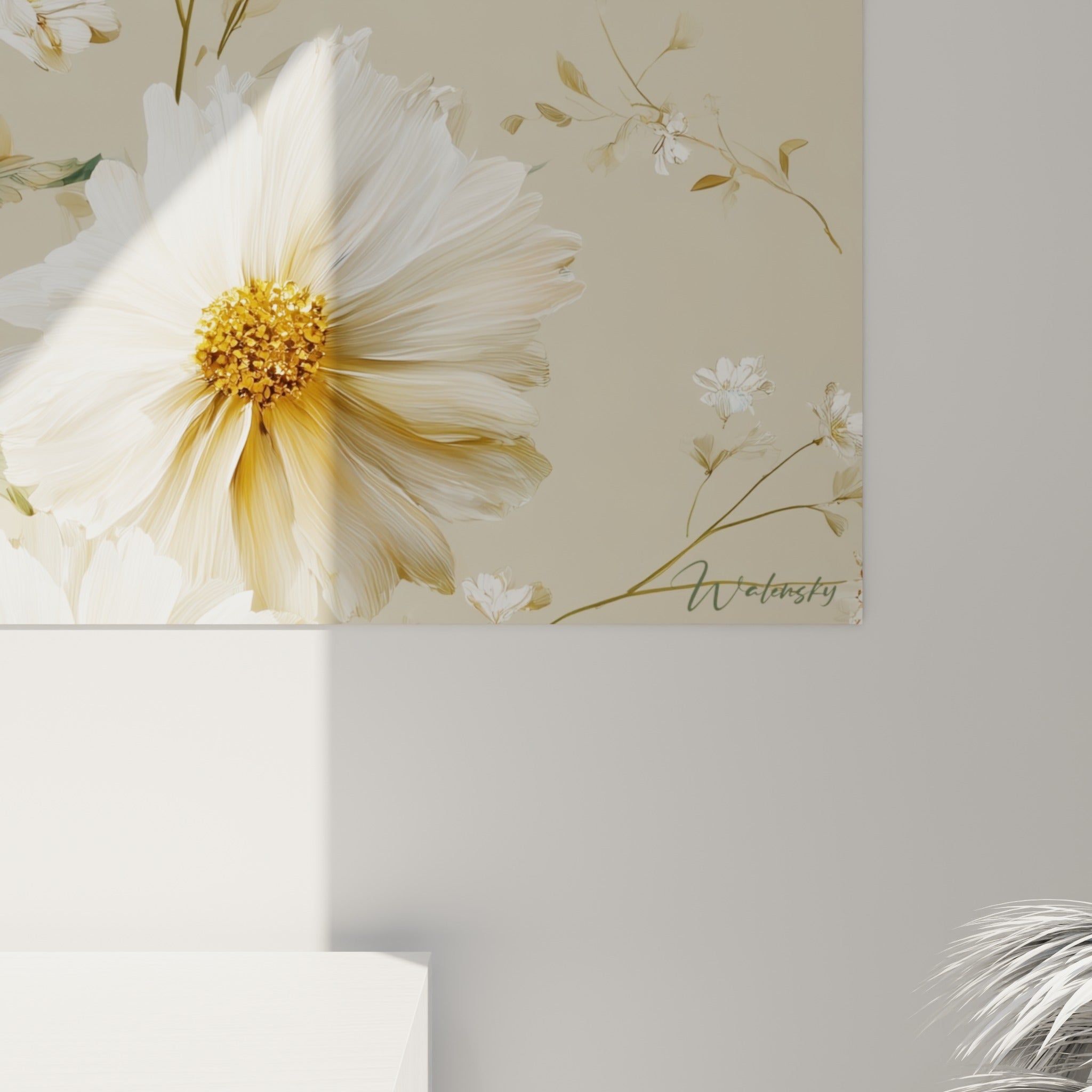 Détail des pétales blancs texturés et du cœur doré granuleux d'une marguerite peinte