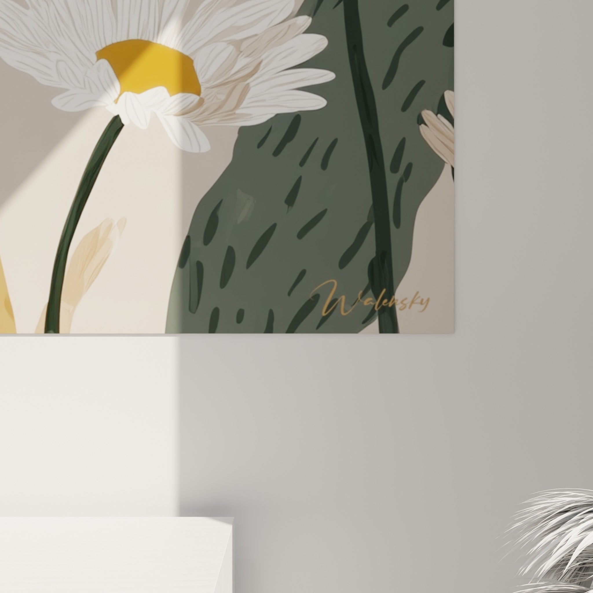 Détail des traits fins et du cœur doré d'une marguerite, grain mat et contours nets visibles