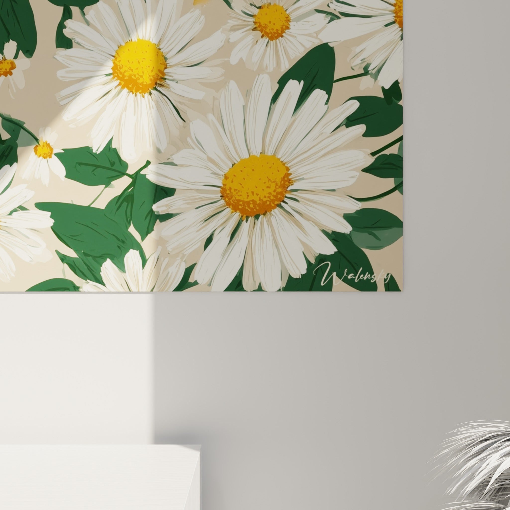 Détail des pétales effilés blancs et du grain végétal vert sapin de ce tableau marguerite illustré