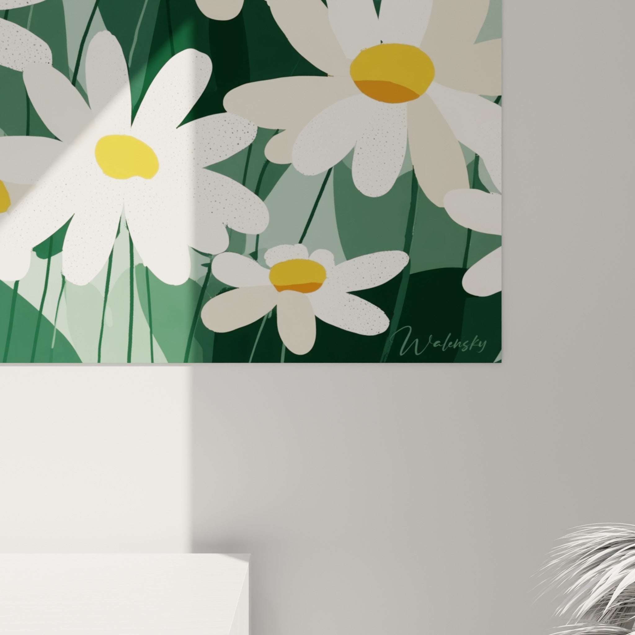 Détail des pétales mouchetés blancs et du cœur doré d'une marguerite en gros plan sur toile