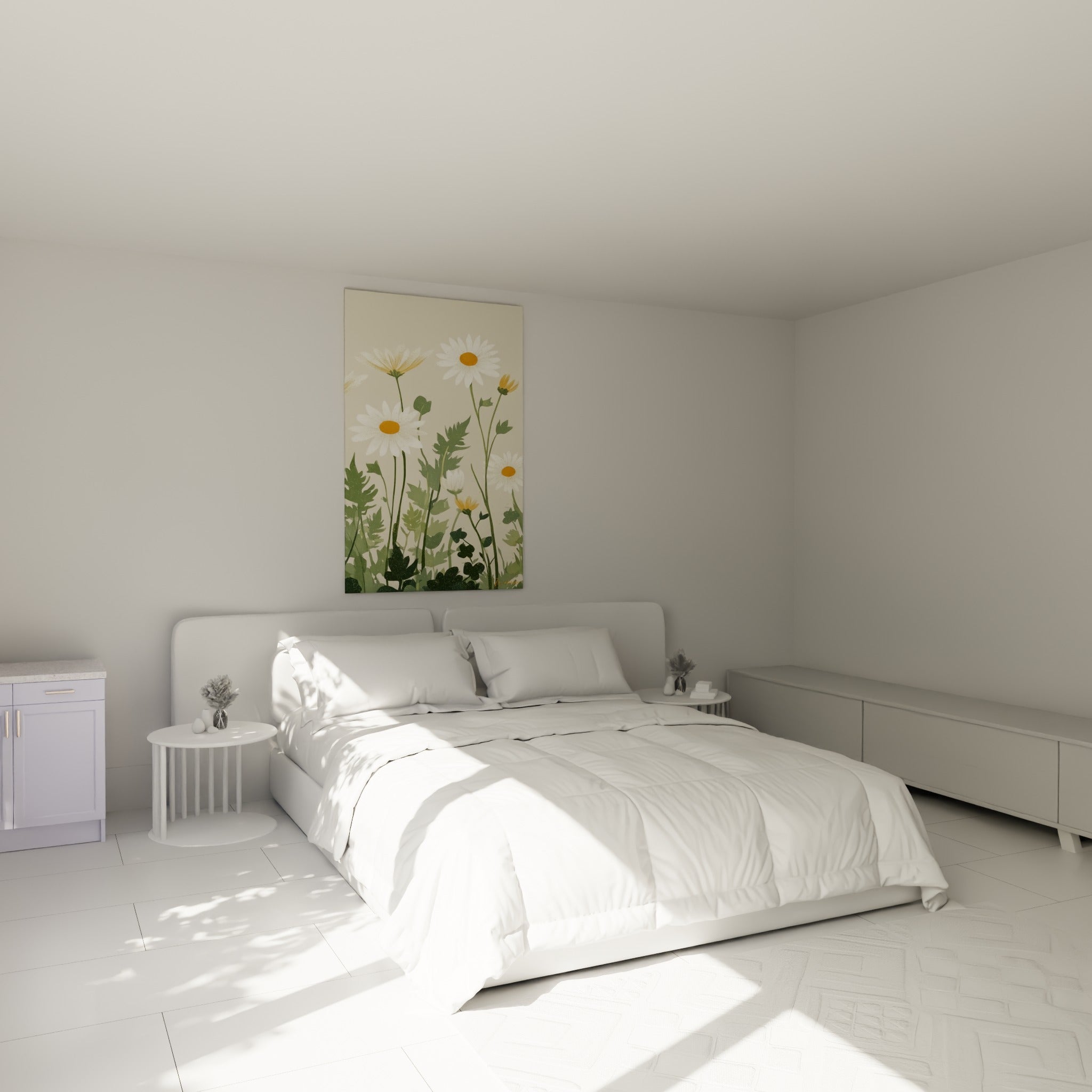 Marguerites blanches et vert olive s'élèvent gracieusement, accrochées au-dessus d'un lit dans une chambre claire