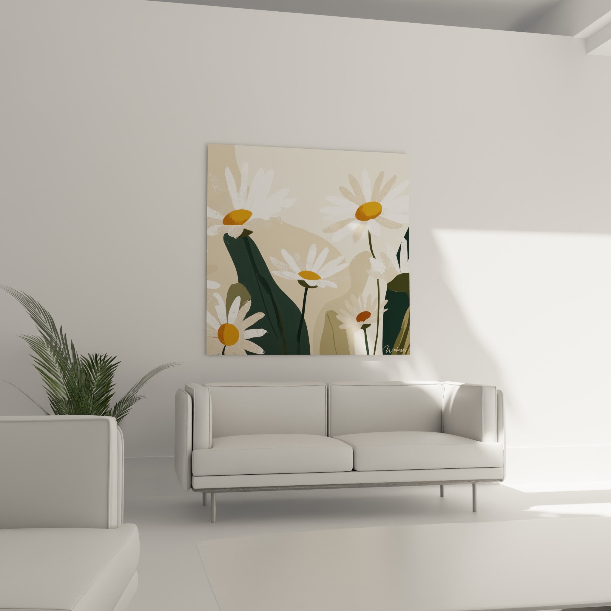 Fleurs de marguerite blanches aux cœurs dorés sur fond beige doux, au-dessus d'un canapé dans un salon lumineux