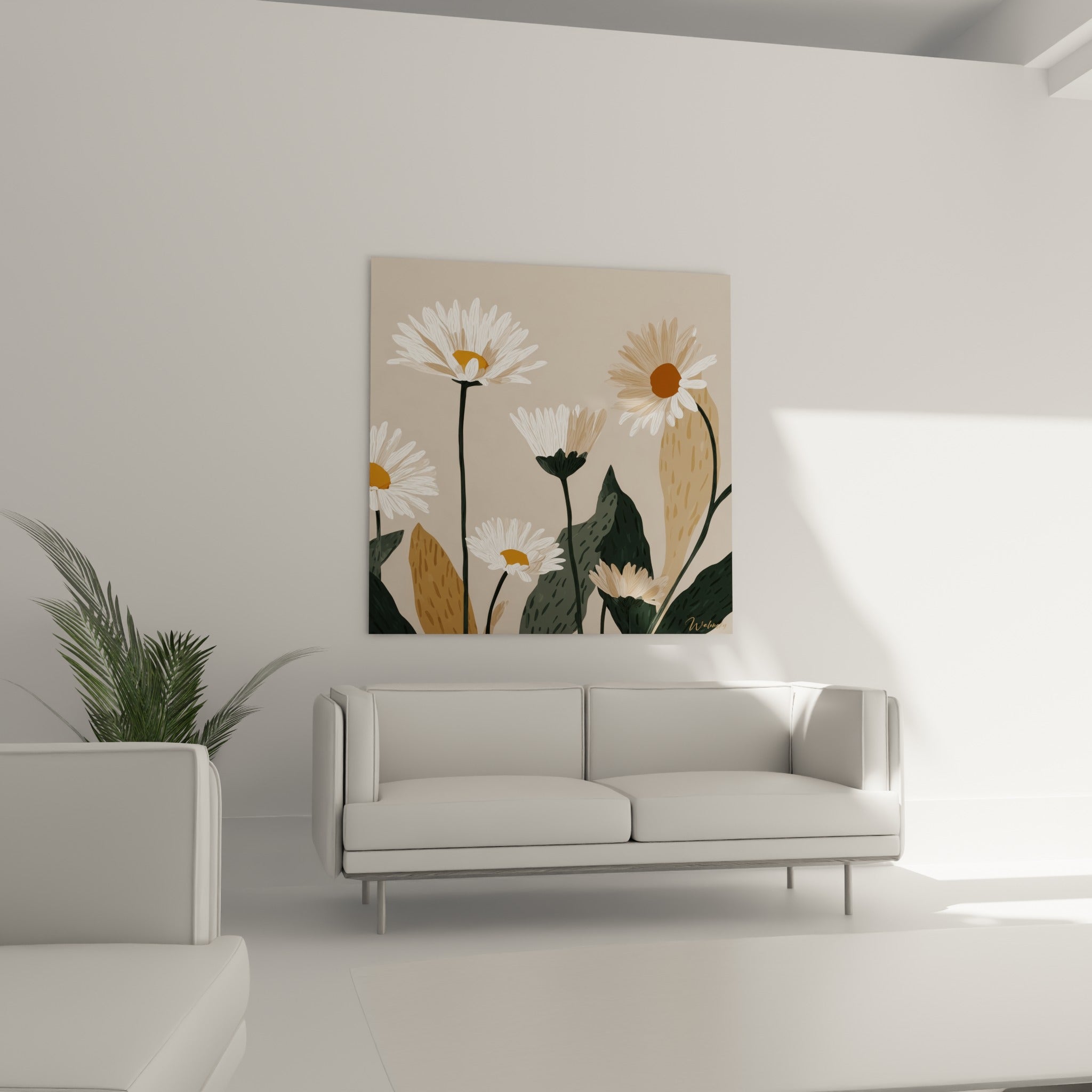 Fleurs de marguerite blanches et ocre doré, tiges fines anthracite, au-dessus d'un canapé dans un salon lumineux