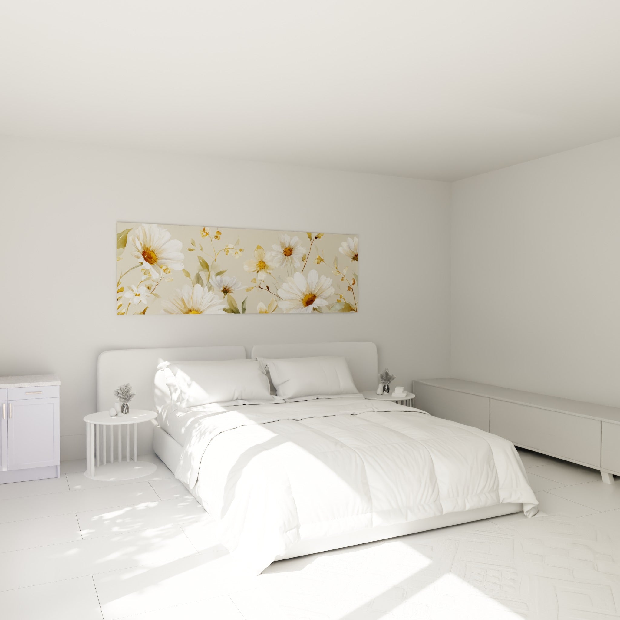 Bouquet de marguerites blanches et dorées accroché au-dessus d'un lit dans une chambre claire