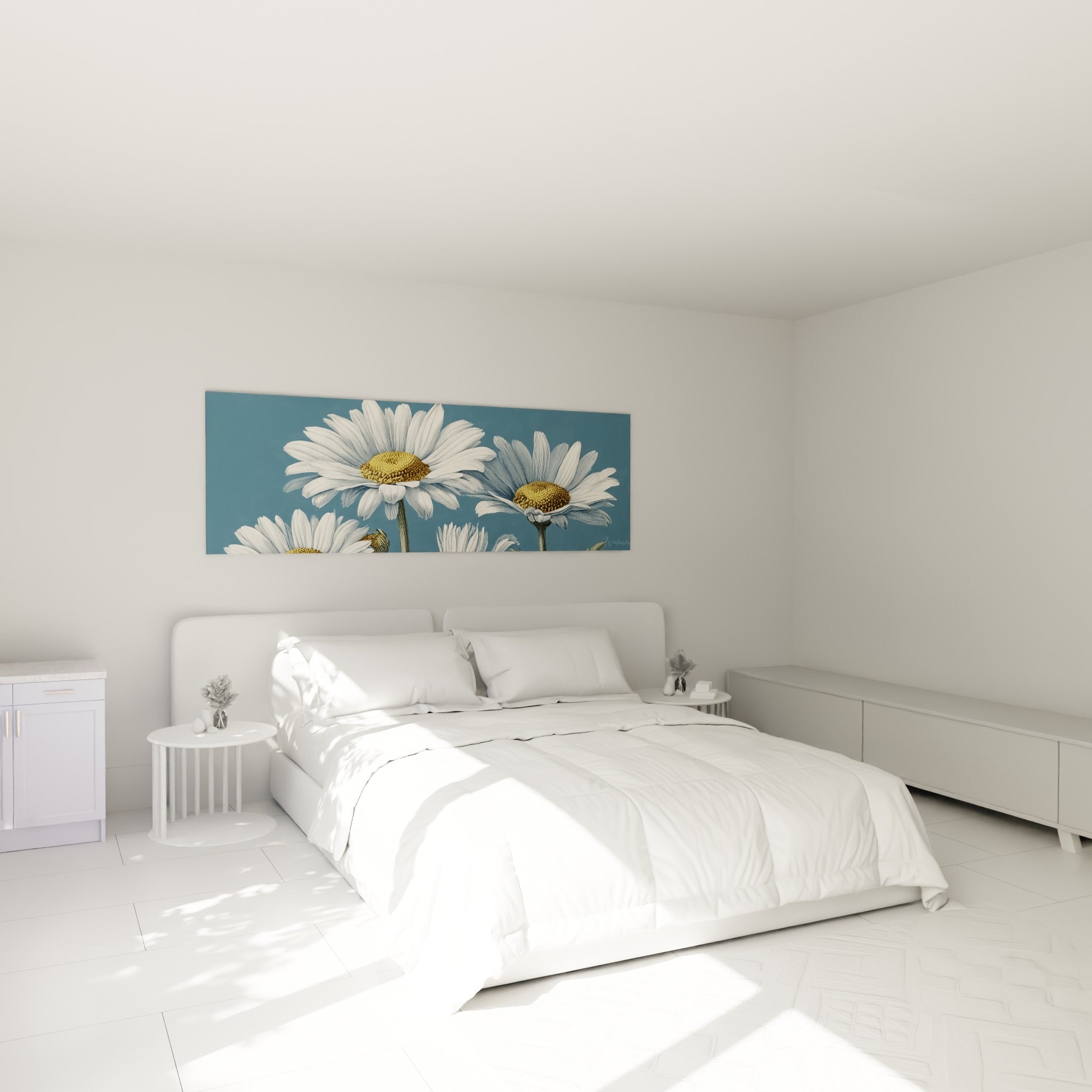 Fleurs de marguerite blanches et dorées surplombent un lit dans une chambre claire et épurée