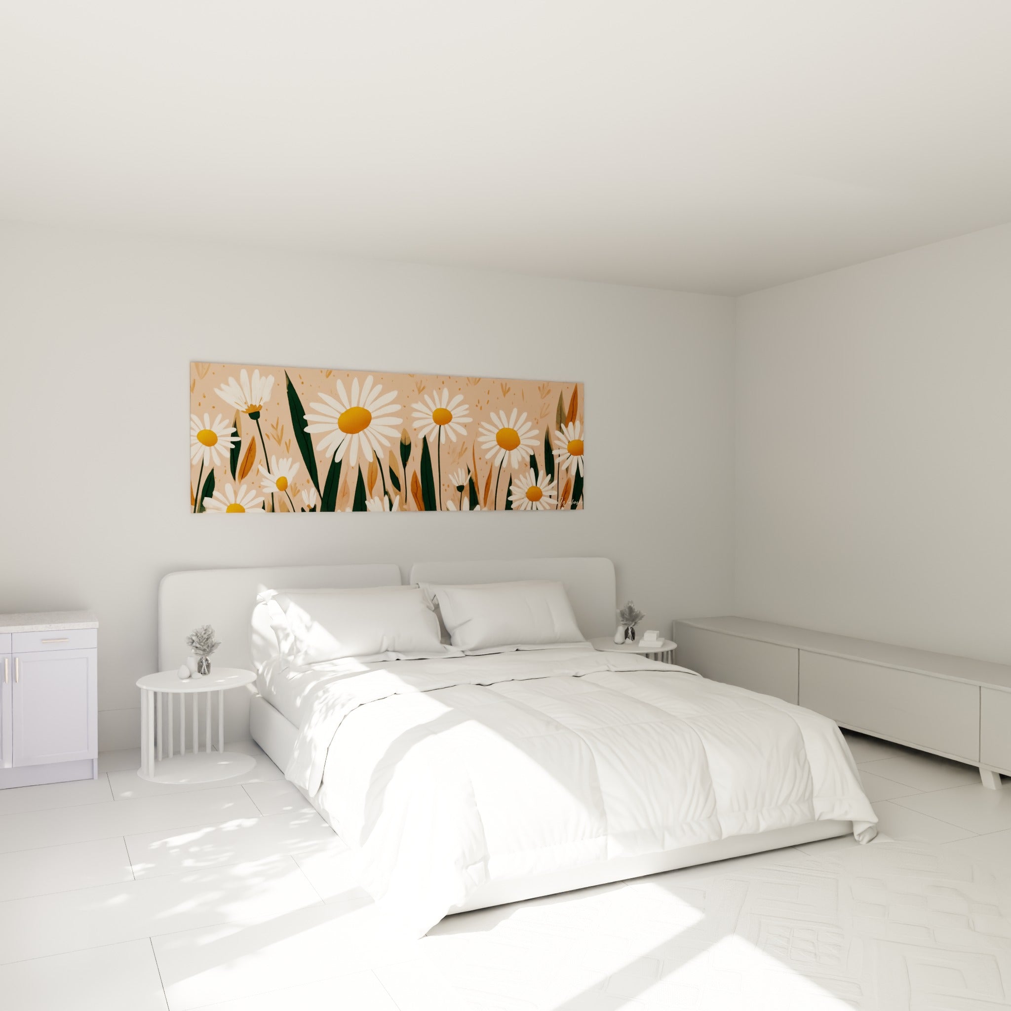 Fleurs blanches et dorées peintes sur fond terracotta, au-dessus d'un lit dans une chambre claire