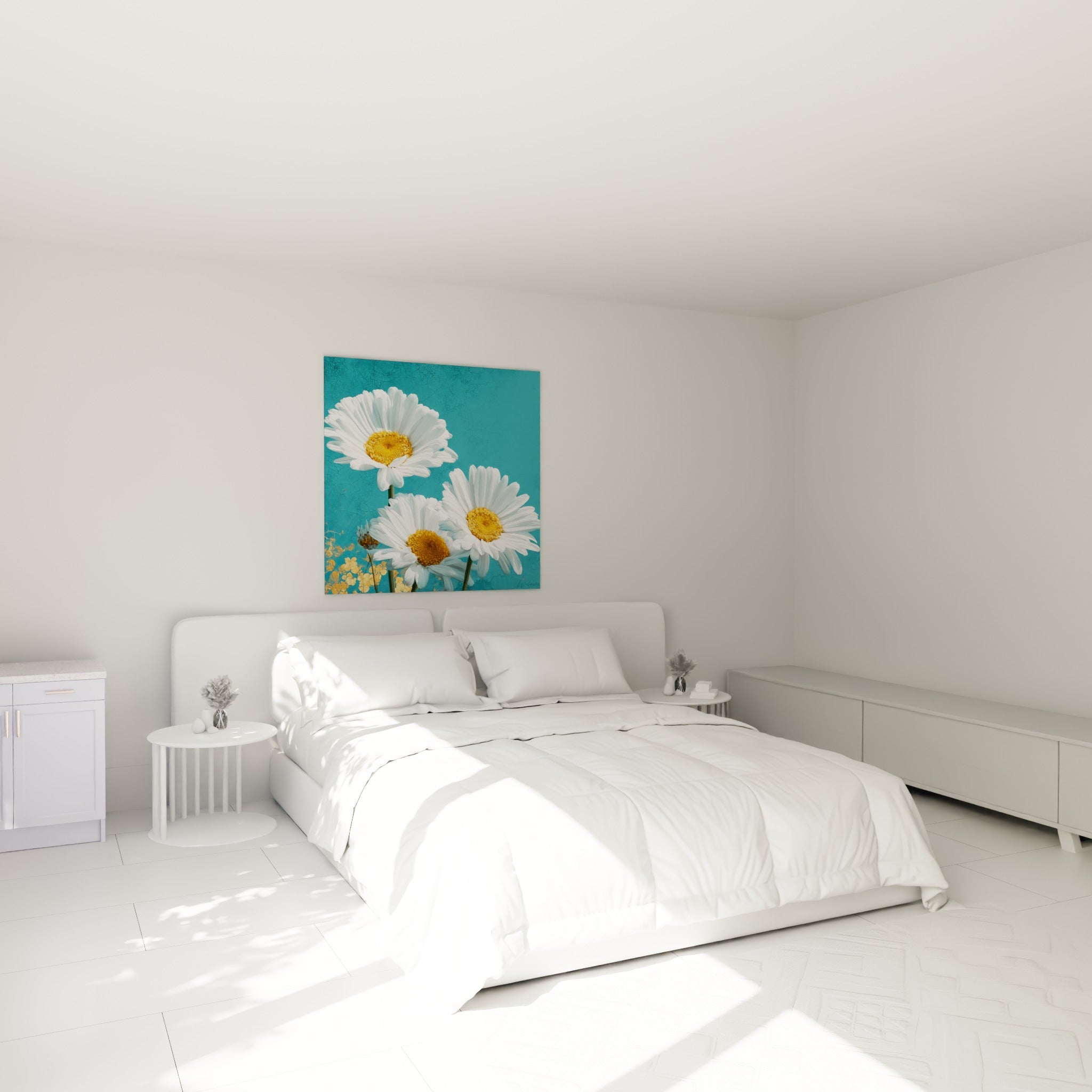 Marguerites blanches et cœurs dorés déployés au-dessus d'un lit dans une chambre claire