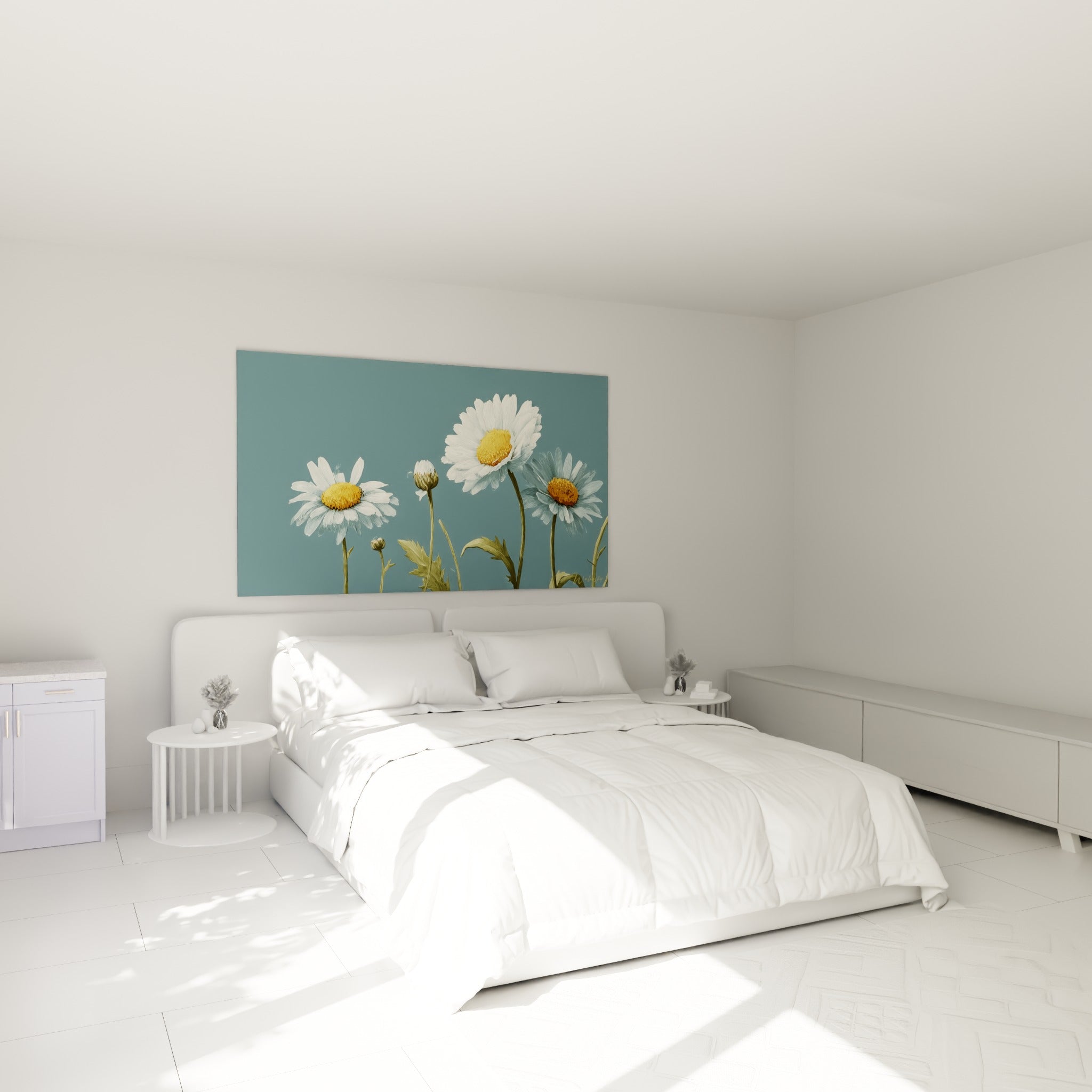 Bouquet de marguerites blanches et jaune doré sur bleu ardoise, au-dessus d'un lit dans une chambre claire