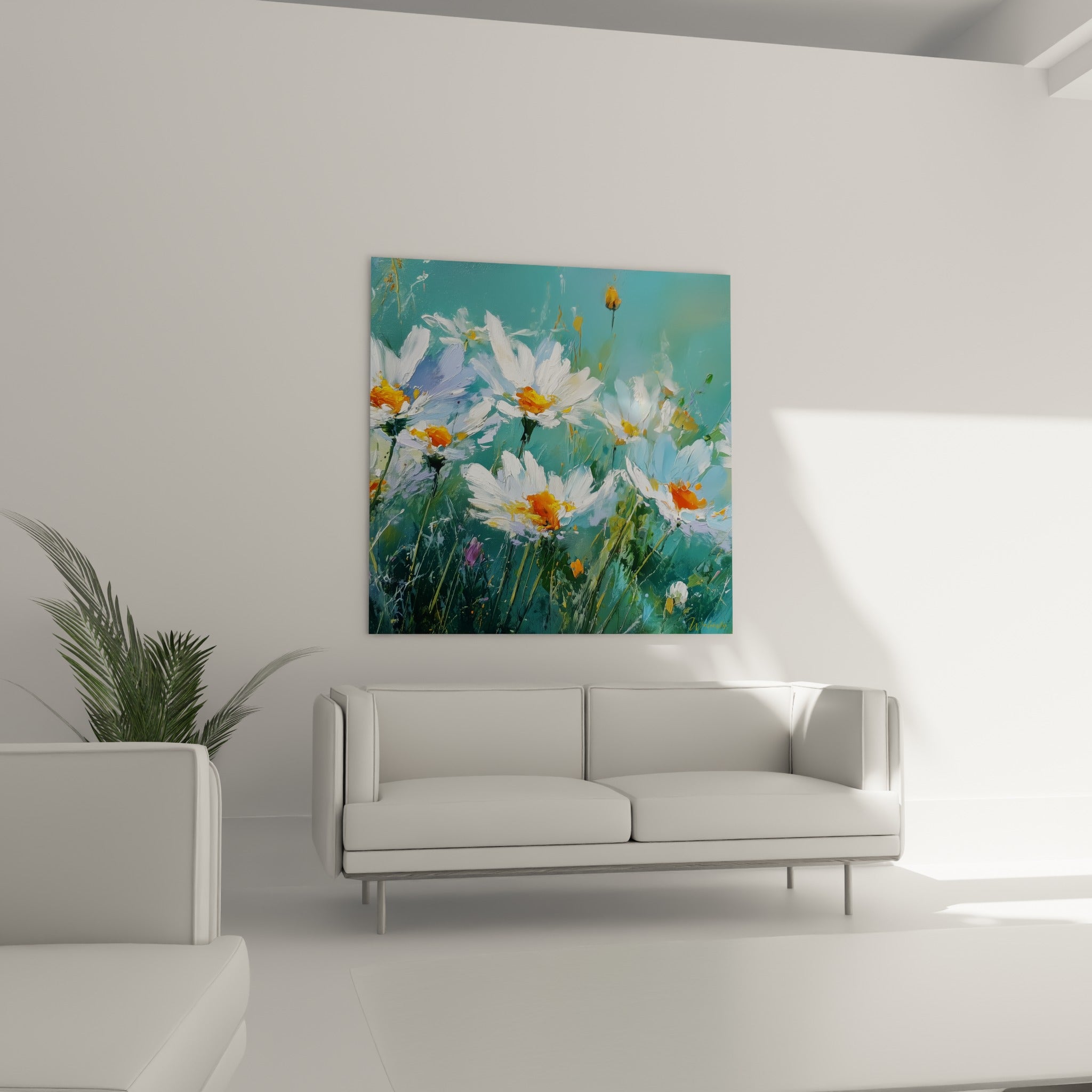 Fleurs de marguerite blanches à cœur orange sur fond bleu-vert, au-dessus d'un canapé dans un salon lumineux