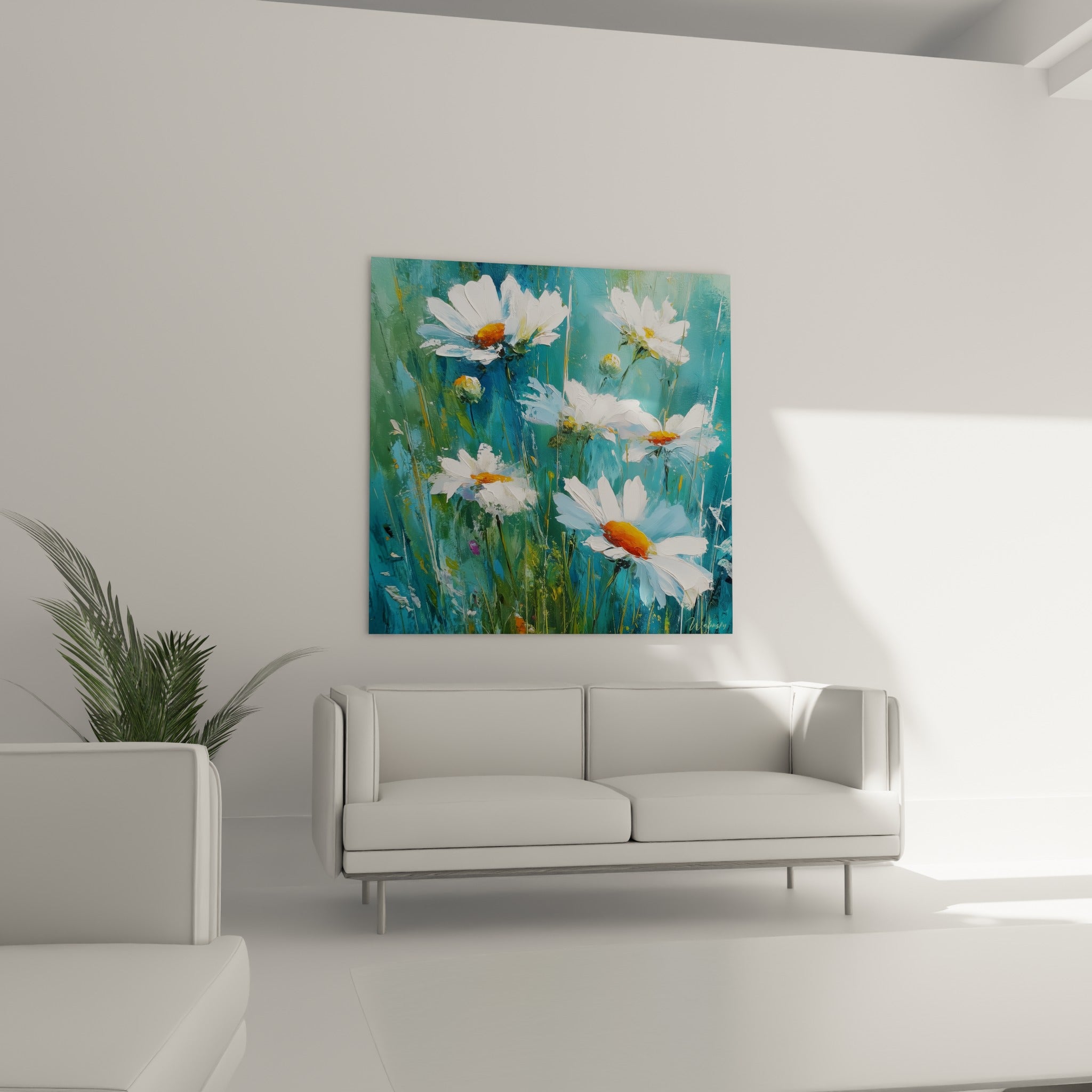 Bouquet de marguerites blanches à cœurs orangés sur fond turquoise, au-dessus d'un canapé dans un salon lumineux