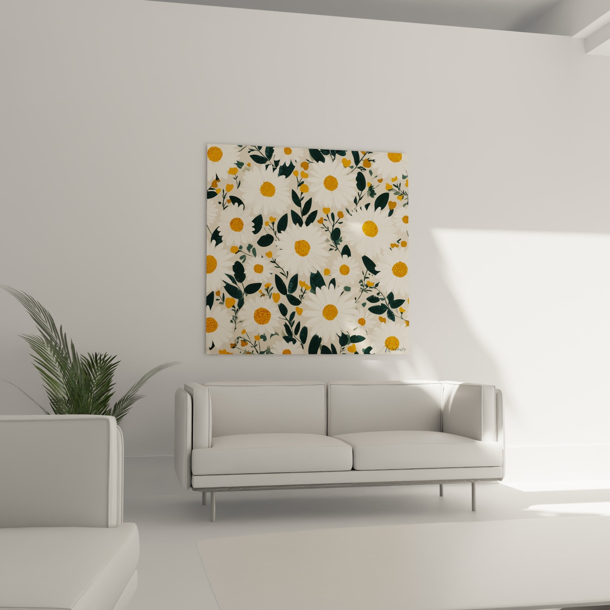 Marguerites blanches et feuillages vert foncé au-dessus d'un canapé dans un salon lumineux