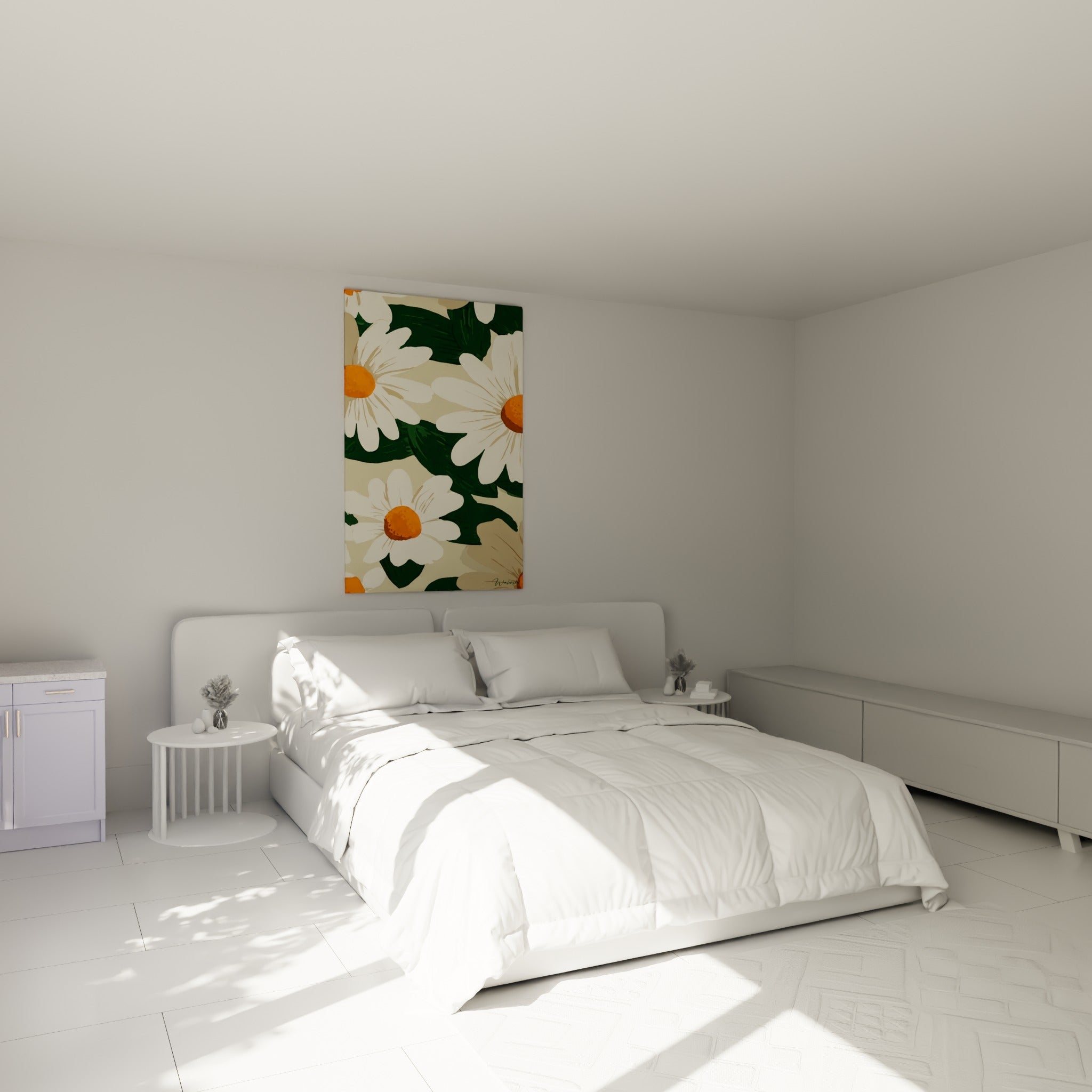 Fleurs de marguerite ivoire et orange sur feuillage vert, accrochées au-dessus d'un lit dans une chambre claire