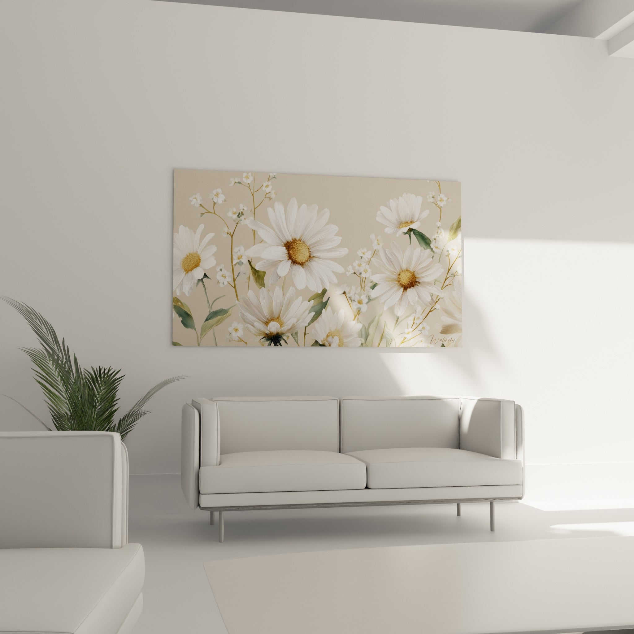 Bouquet de marguerites blanches et feuillages verts au-dessus d'un canapé dans un salon lumineux