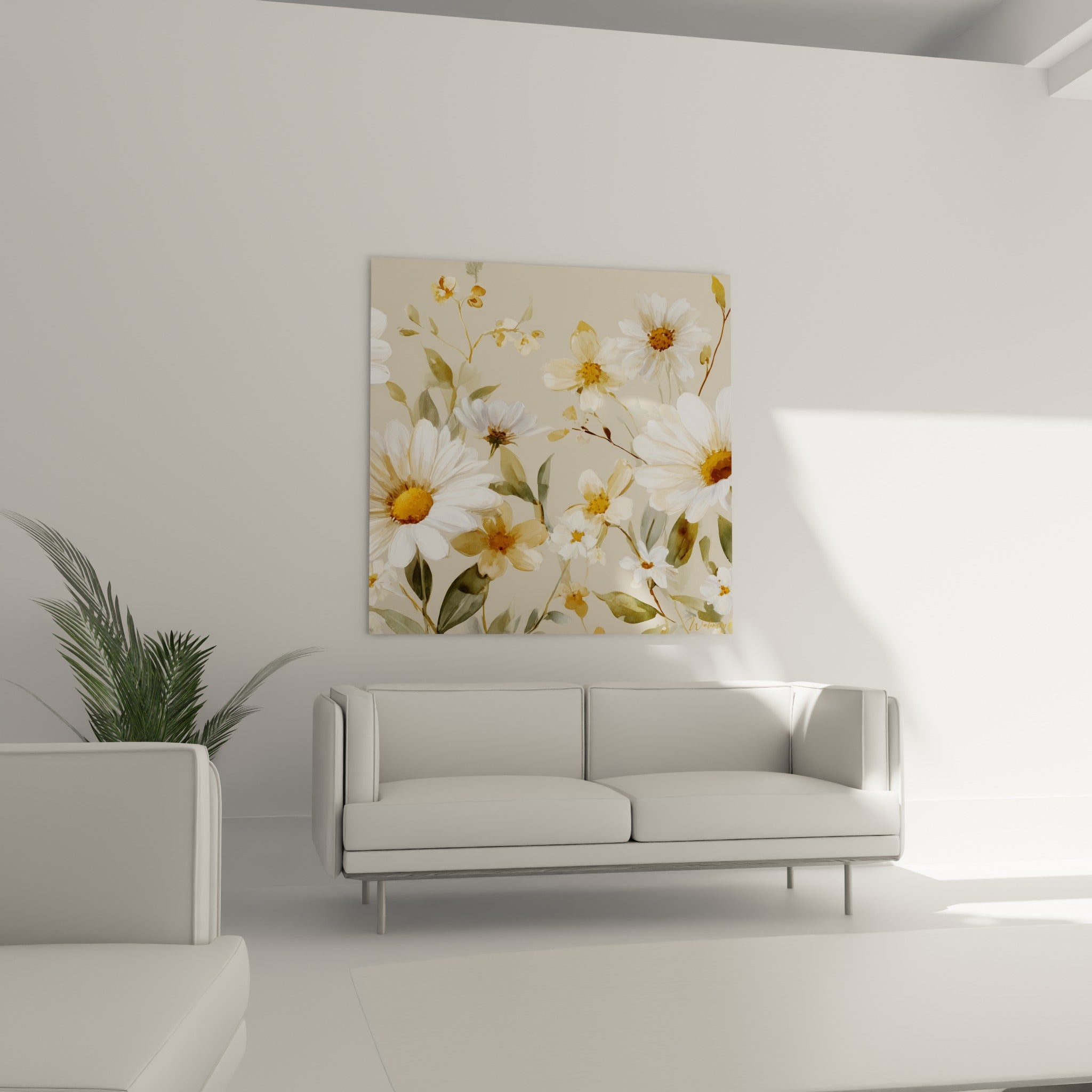 Fleurs de marguerite blanches et feuillage vert sauge peints en aquarelle, au-dessus d'un canapé dans un salon lumineux