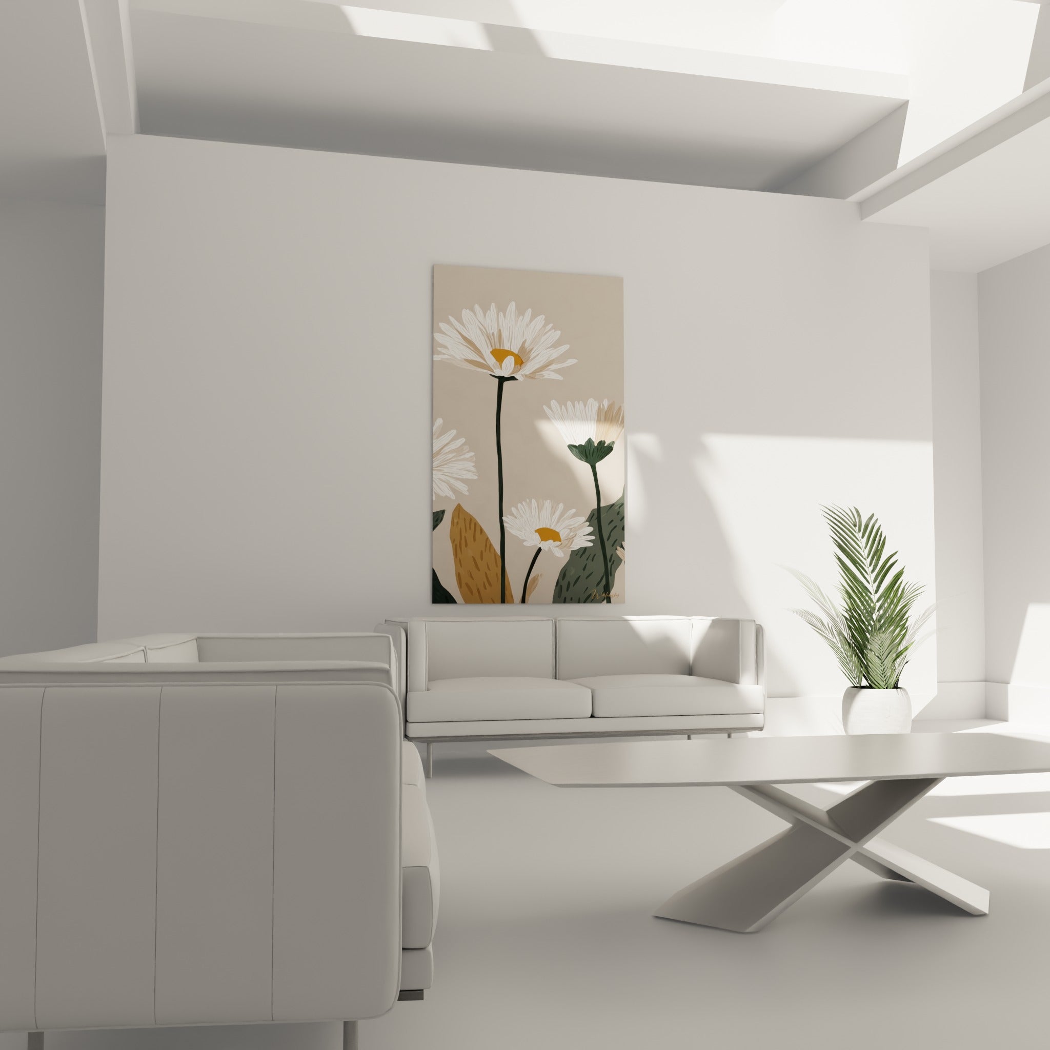 Pétales blancs et feuillage brun de Marguerite au-dessus d'un canapé dans un salon lumineux